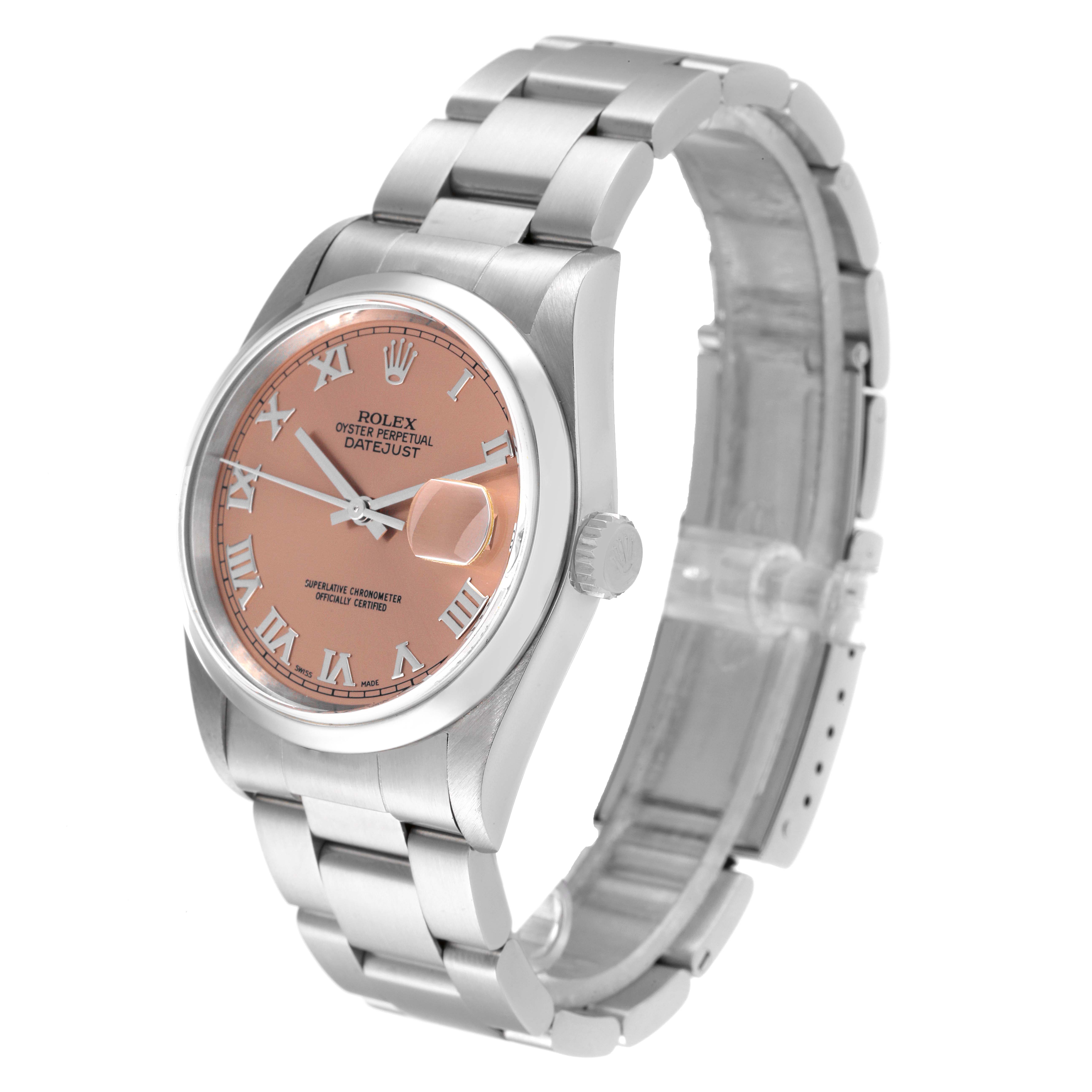 The image shows a Rolex Datejust 16200 Men's Stainless Steel Pink Dial 16200 Men's Stainless Steel Pink Dial watch angled from the front-left, displaying its dial, bracelet, and crown.