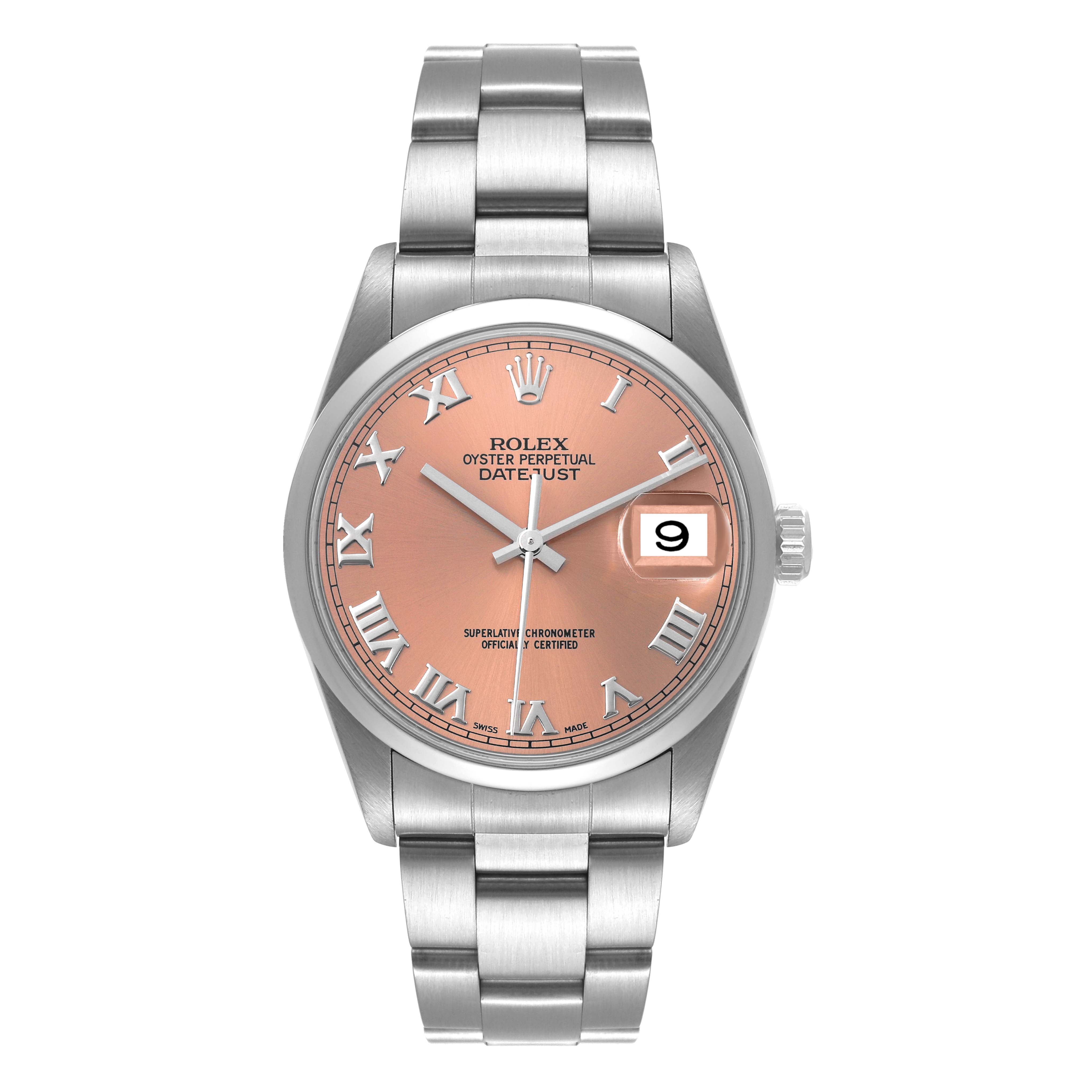This image shows a front view of a Rolex Datejust 16200 Men's Stainless Steel Pink Dial 16200 Men's Stainless Steel Pink Dial watch, highlighting its peach dial, Roman numerals, and metal bracelet.