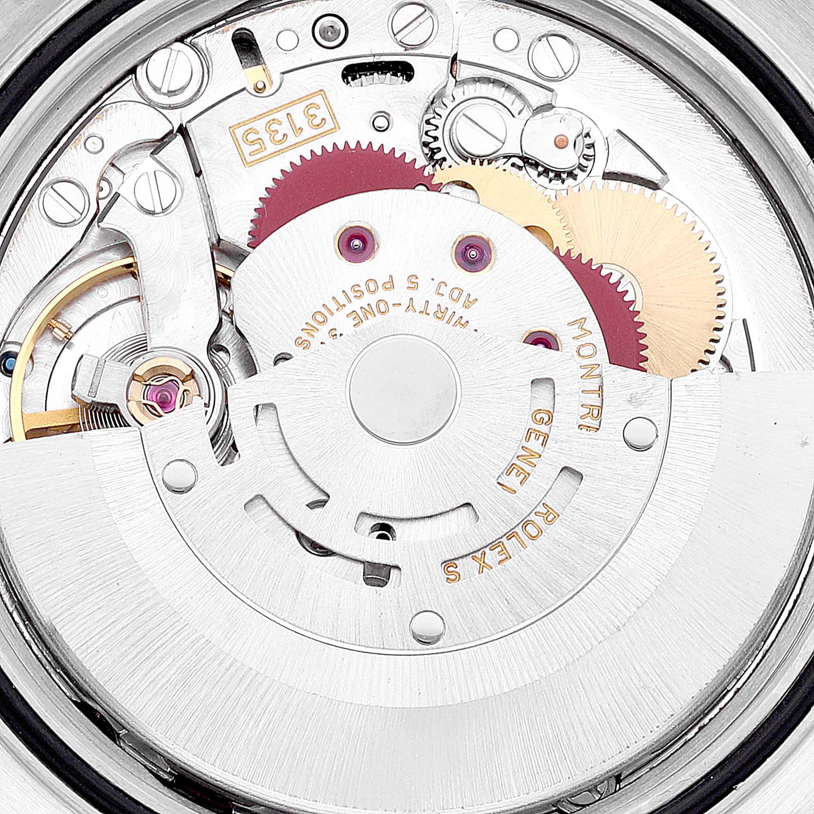 This image shows the intricate inner mechanism of a Rolex Datejust 16200 Men's Stainless Steel Pink Dial 16200 Men's Stainless Steel Pink Dial watch, viewed from the back.