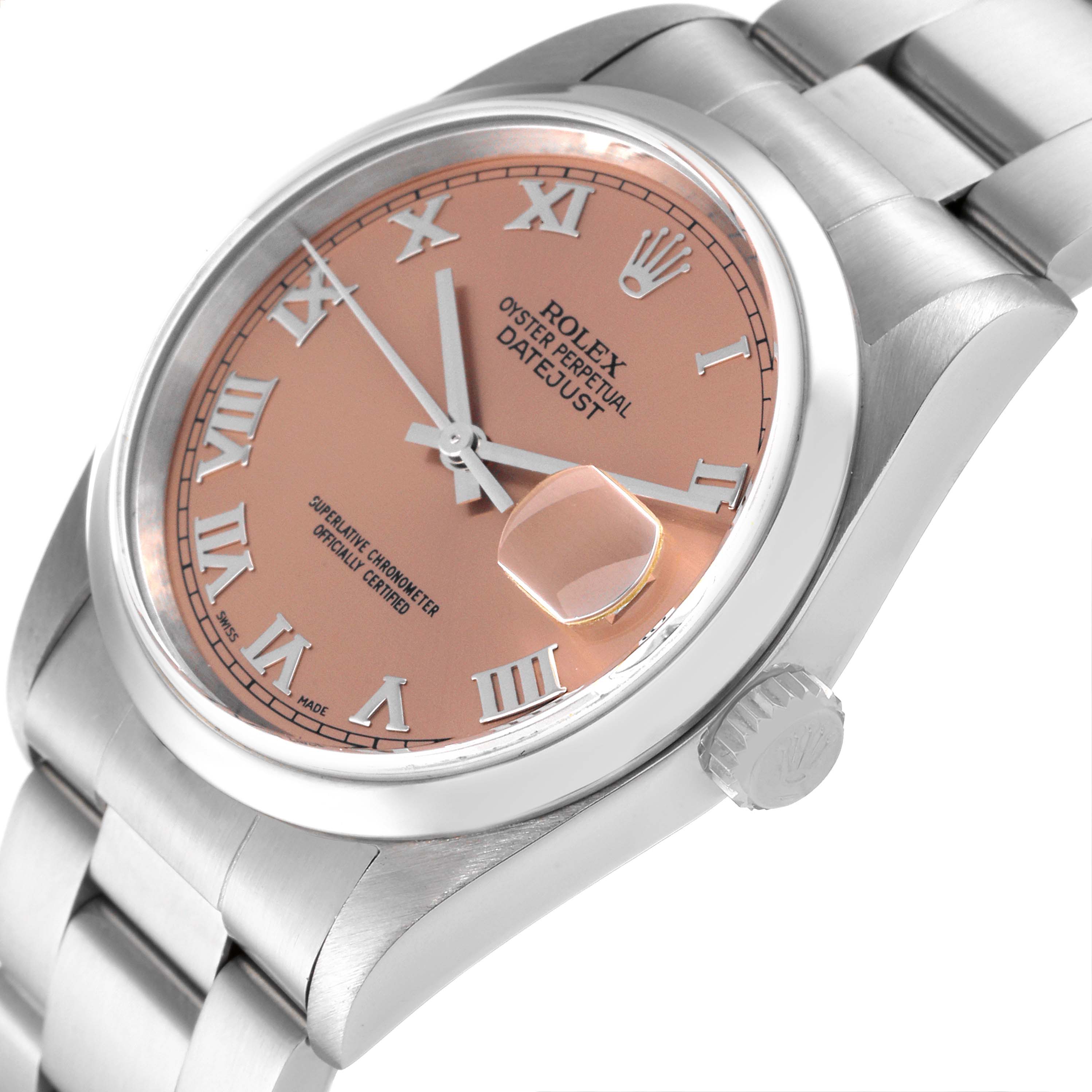 This image shows a Rolex Datejust 16200 Men's Stainless Steel Pink Dial 16200 Men's Stainless Steel Pink Dial watch from an angled view, highlighting the dial, hands, crown, and part of the bracelet.