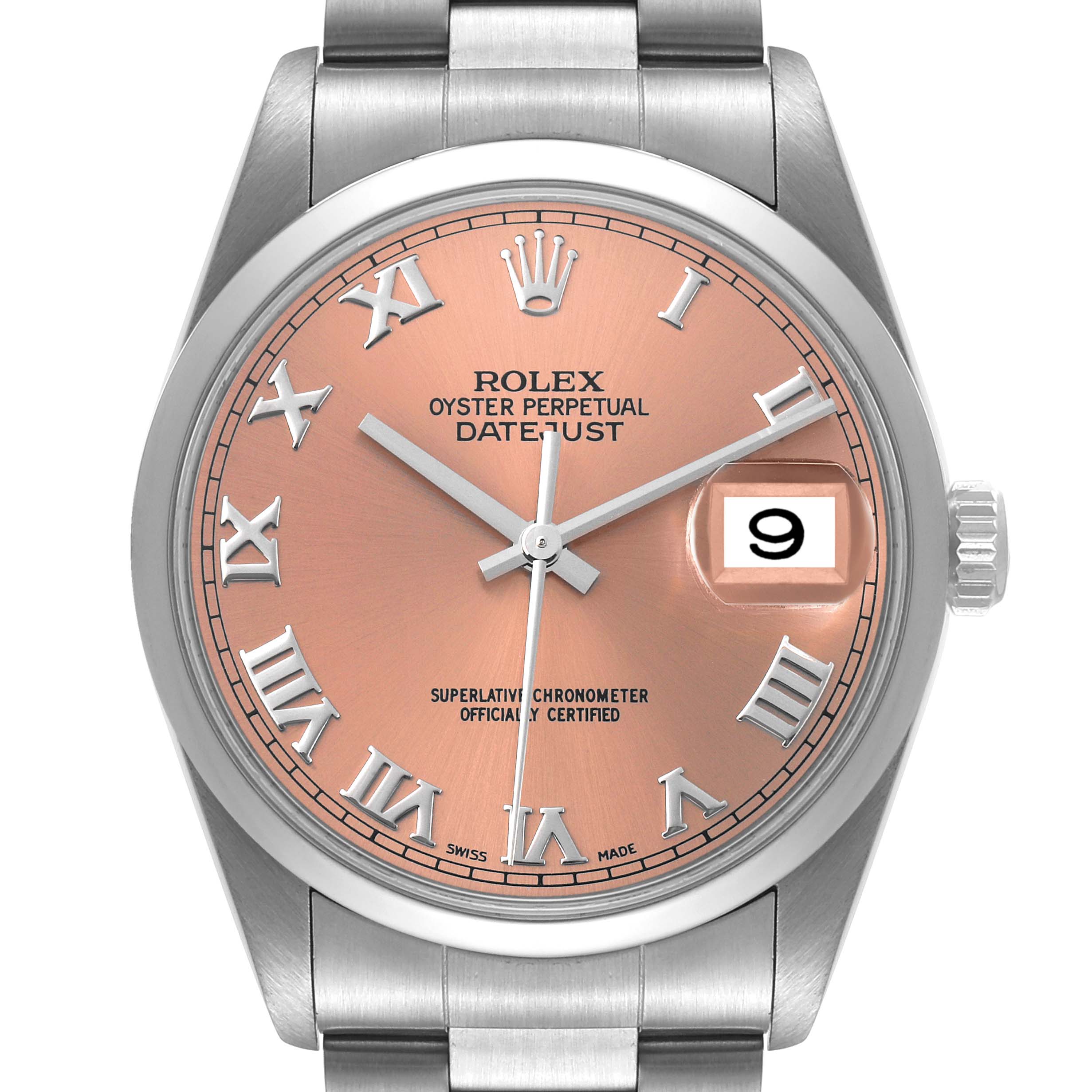 This image shows a front view of the Rolex Datejust 16200 Men's Stainless Steel Pink Dial 16200 Men's Stainless Steel Pink Dial watch, highlighting its pink dial, Roman numerals, date window, and stainless steel bracelet.