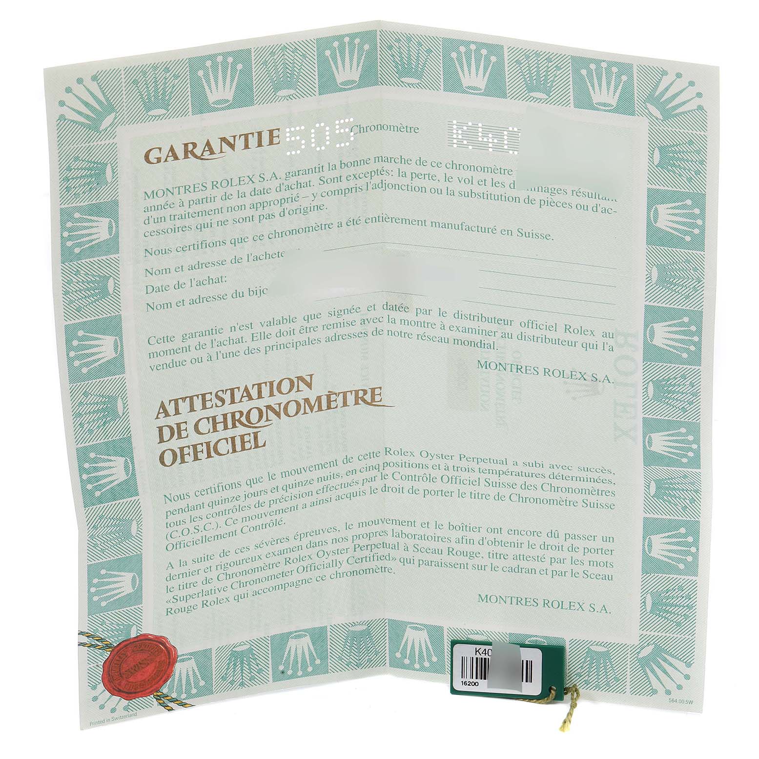 The image shows the warranty certificate and chronometer certification for the Rolex Datejust 16200 Men's Stainless Steel Pink Dial 16200 Men's Stainless Steel Pink Dial, viewed from a slightly tilted overhead angle.