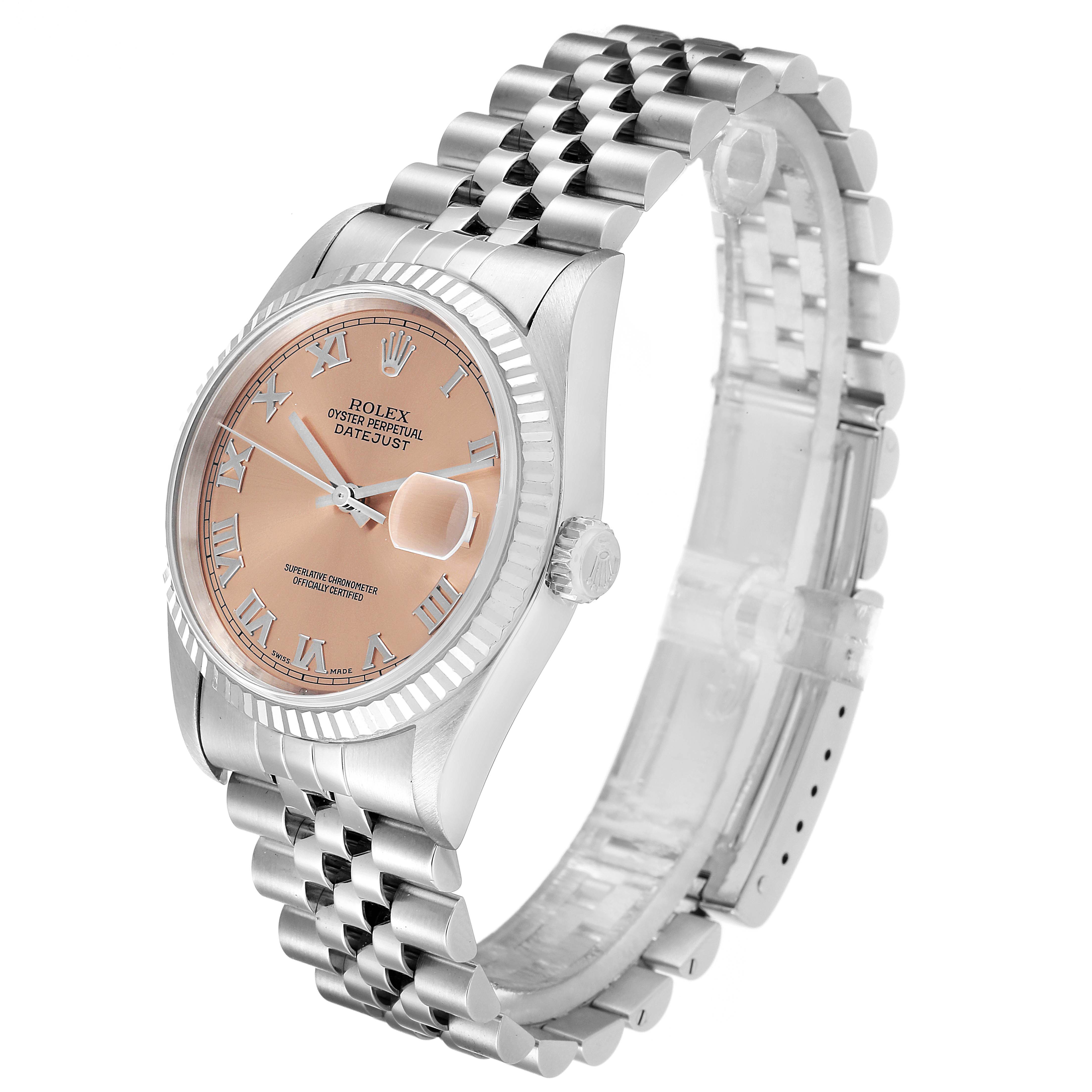The image shows a Rolex Datejust 16234 Men's Stainless Steel Pink Dial 16234 Men's Stainless Steel Pink Dial watch at a three-quarter angle, showcasing the face, bezel, crown, and metal bracelet.