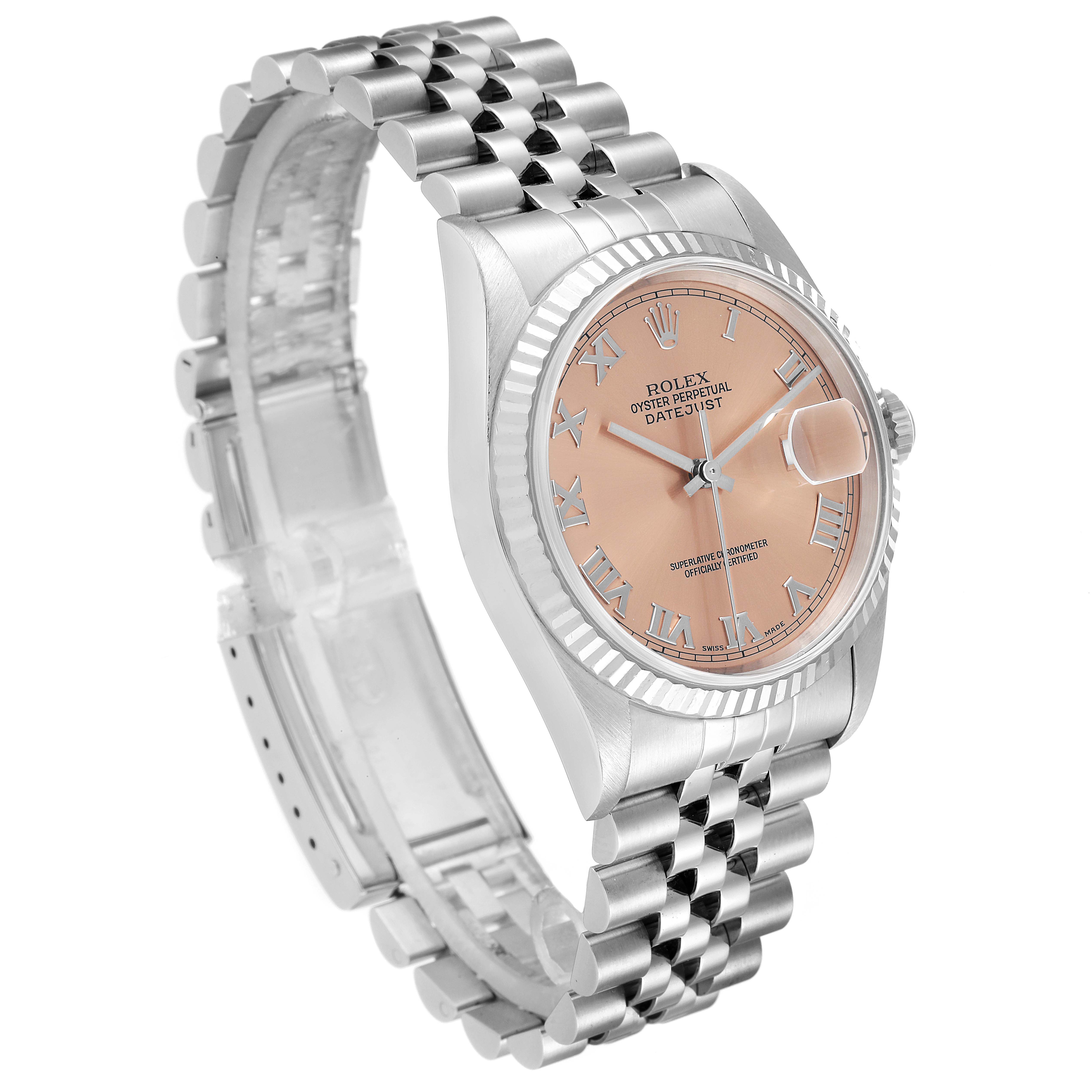The Rolex Datejust 16234 Men's Stainless Steel Pink Dial 16234 Men's Stainless Steel Pink Dial watch is shown at a slight angle, highlighting the dial, bezel, and part of the bracelet.
