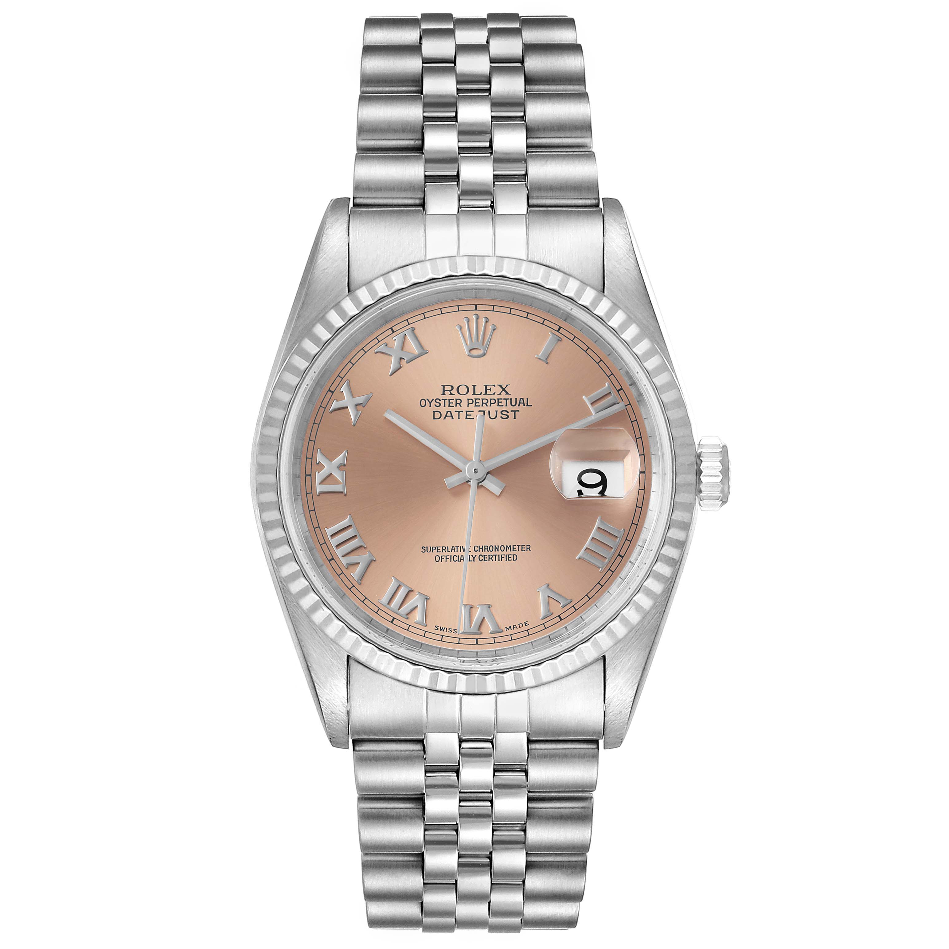 This image shows a front view of a Rolex Datejust 16234 Men's Stainless Steel Pink Dial 16234 Men's Stainless Steel Pink Dial watch, highlighting its face, bezel, crown, and bracelet.