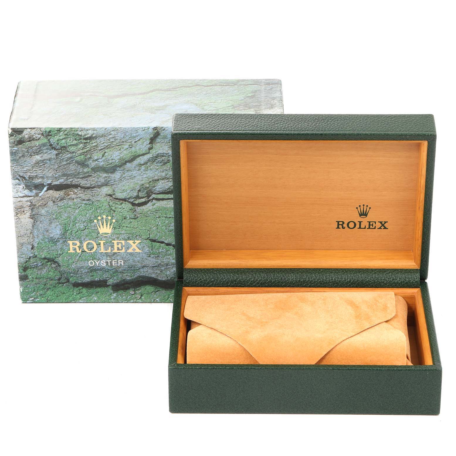 The image shows a green Rolex Datejust 16234 Men's Stainless Steel Pink Dial 16234 Men's Stainless Steel Pink Dial watch box and an opened wooden inner box with a suede pouch inside.