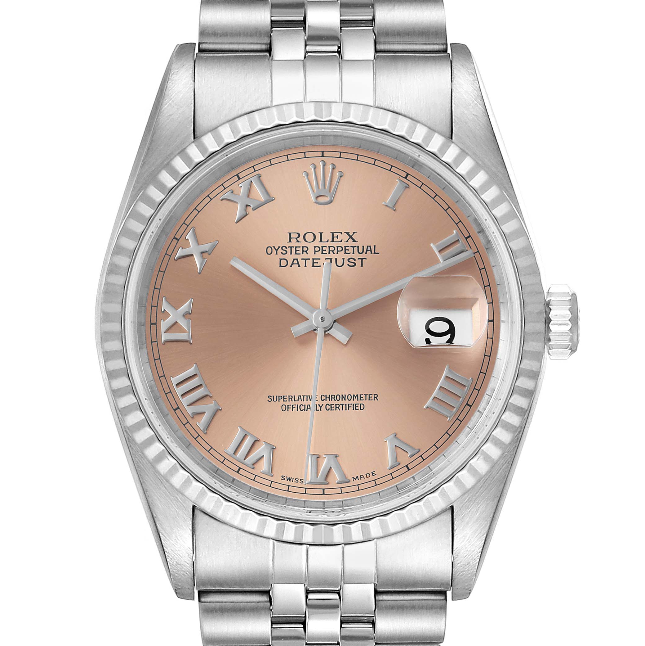 This image shows a frontal view of the Rolex Datejust 16234 Men's Stainless Steel Pink Dial 16234 Men's Stainless Steel Pink Dial watch, highlighting its dial, fluted bezel, and bracelet.