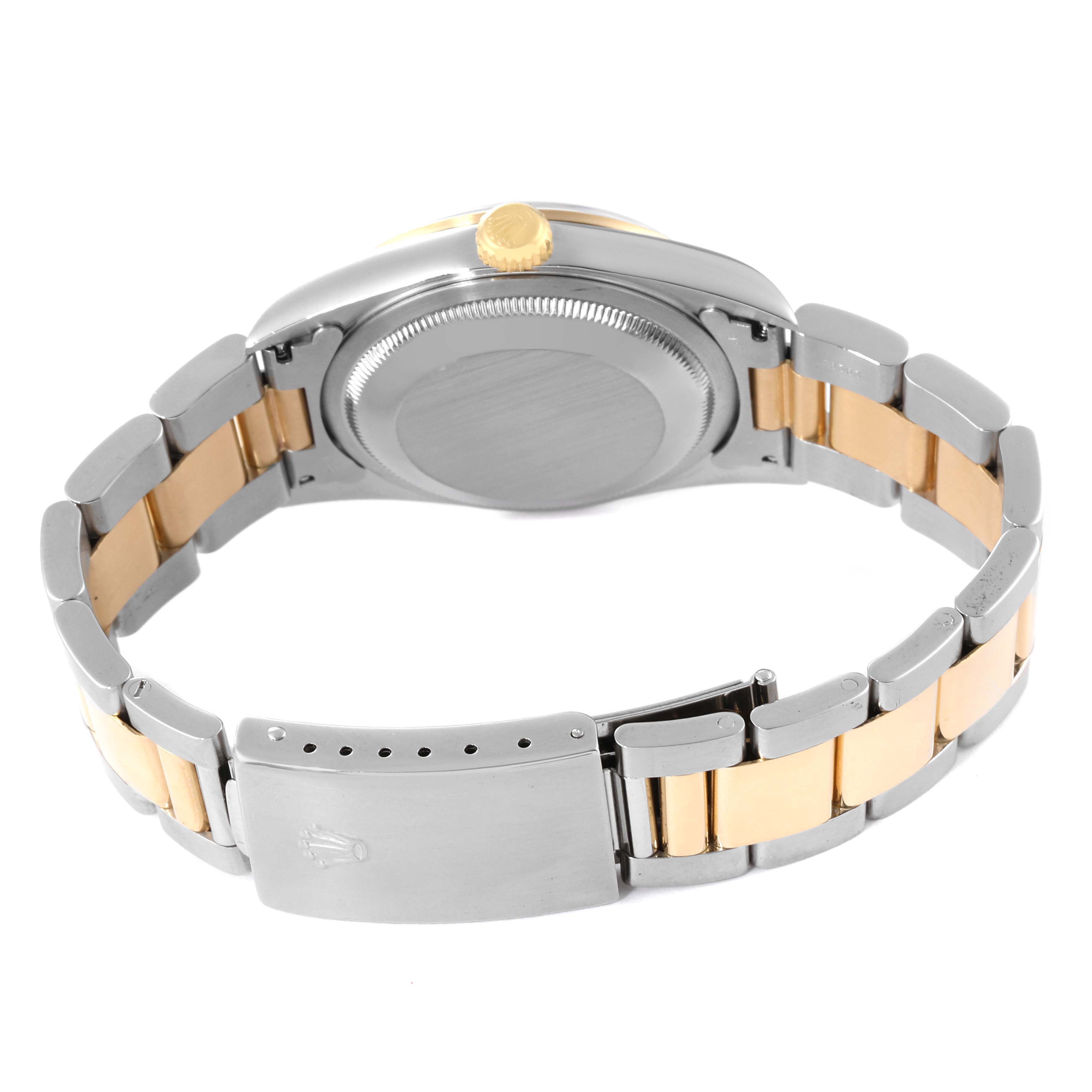 The image shows the back side of a Rolex Datejust 16203 Men's Steel and Gold (two tone) Black Dial 16203 Men's Steel and Gold (two tone) Black Dial watch, highlighting its caseback, crown, and the two-tone bracelet and clasp.