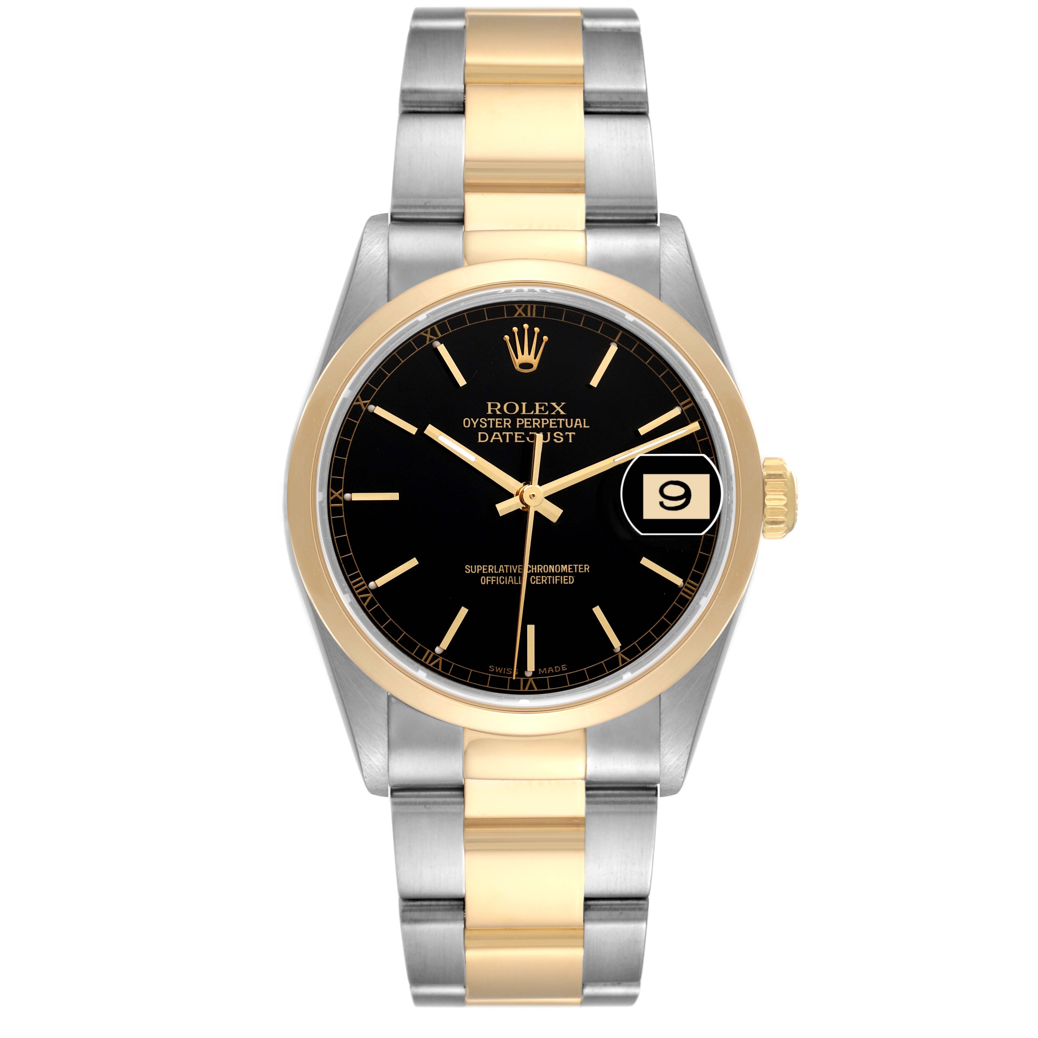 The Rolex Datejust 16203 Men's Steel and Gold (two tone) Black Dial 16203 Men's Steel and Gold (two tone) Black Dial watch is shown from a front angle with a black dial, gold bezel, and a two-tone gold and silver bracelet.