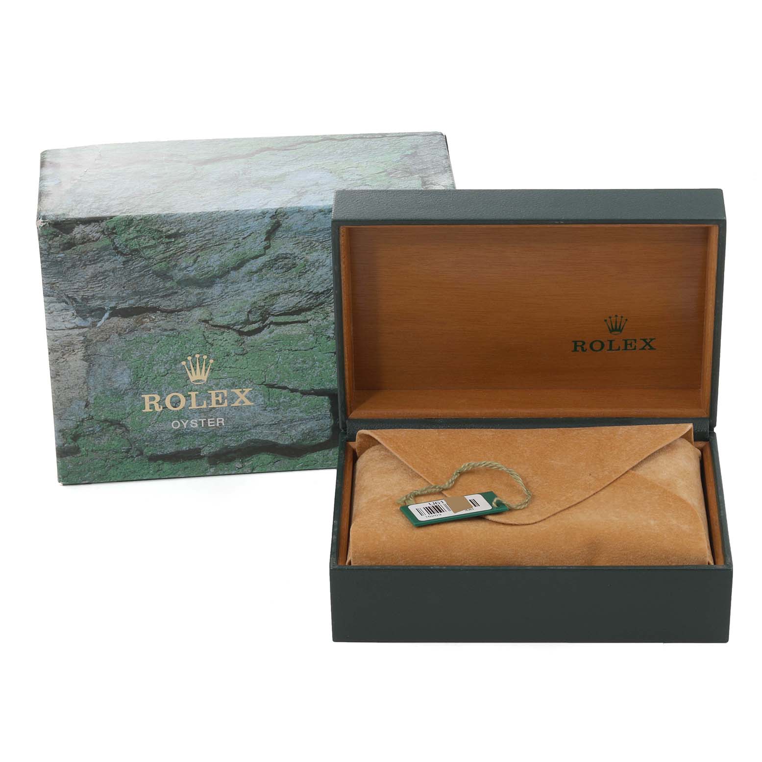The image shows the packaging box and open case of a Rolex Datejust 16203 Men's Steel and Gold (two tone) Black Dial 16203 Men's Steel and Gold (two tone) Black Dial watch, with the watch covered in a suede pouch.