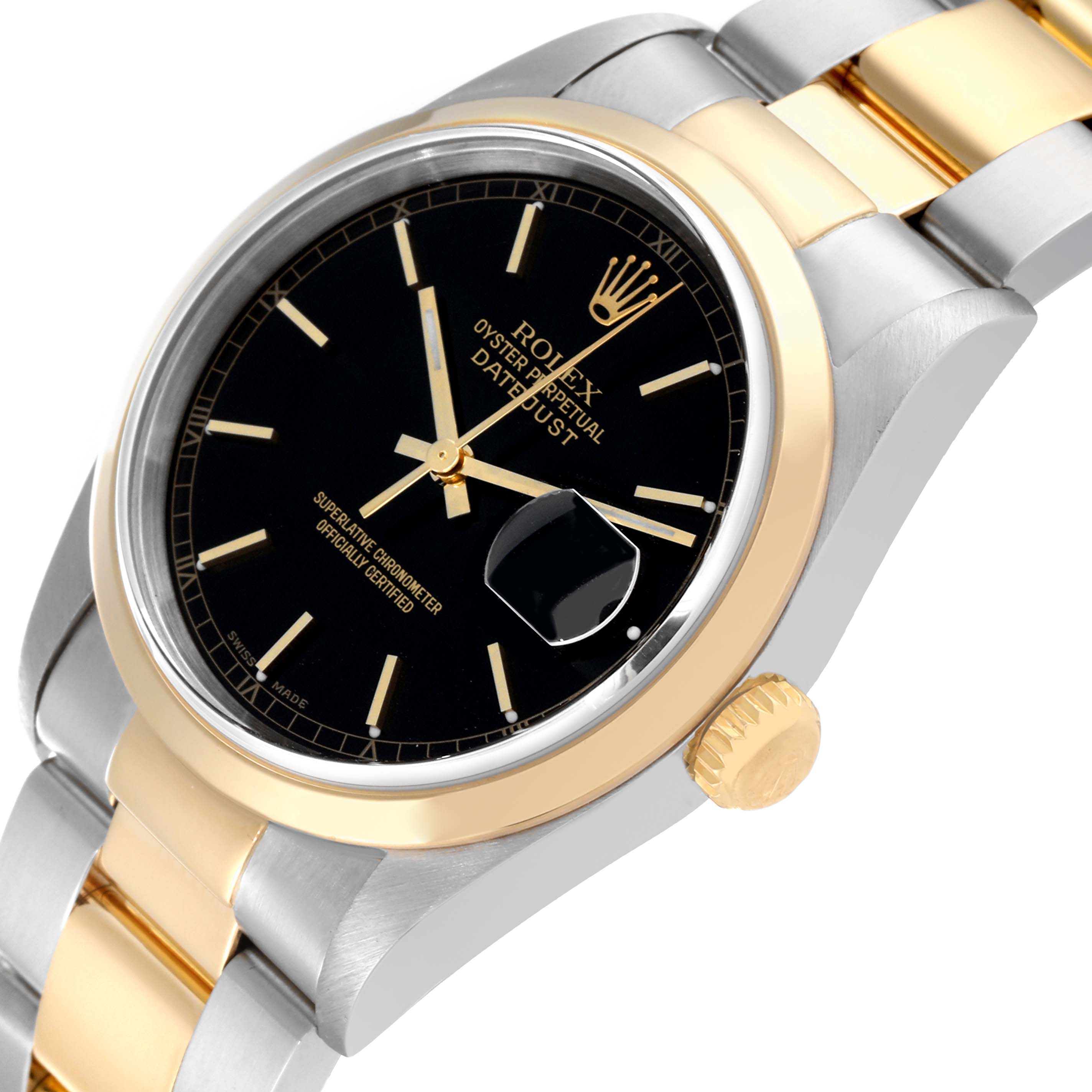 This Rolex Datejust 16203 Men's Steel and Gold (two tone) Black Dial 16203 Men's Steel and Gold (two tone) Black Dial model is shown at a three-quarter angle, displaying the watch face, bezel, and part of the bracelet.