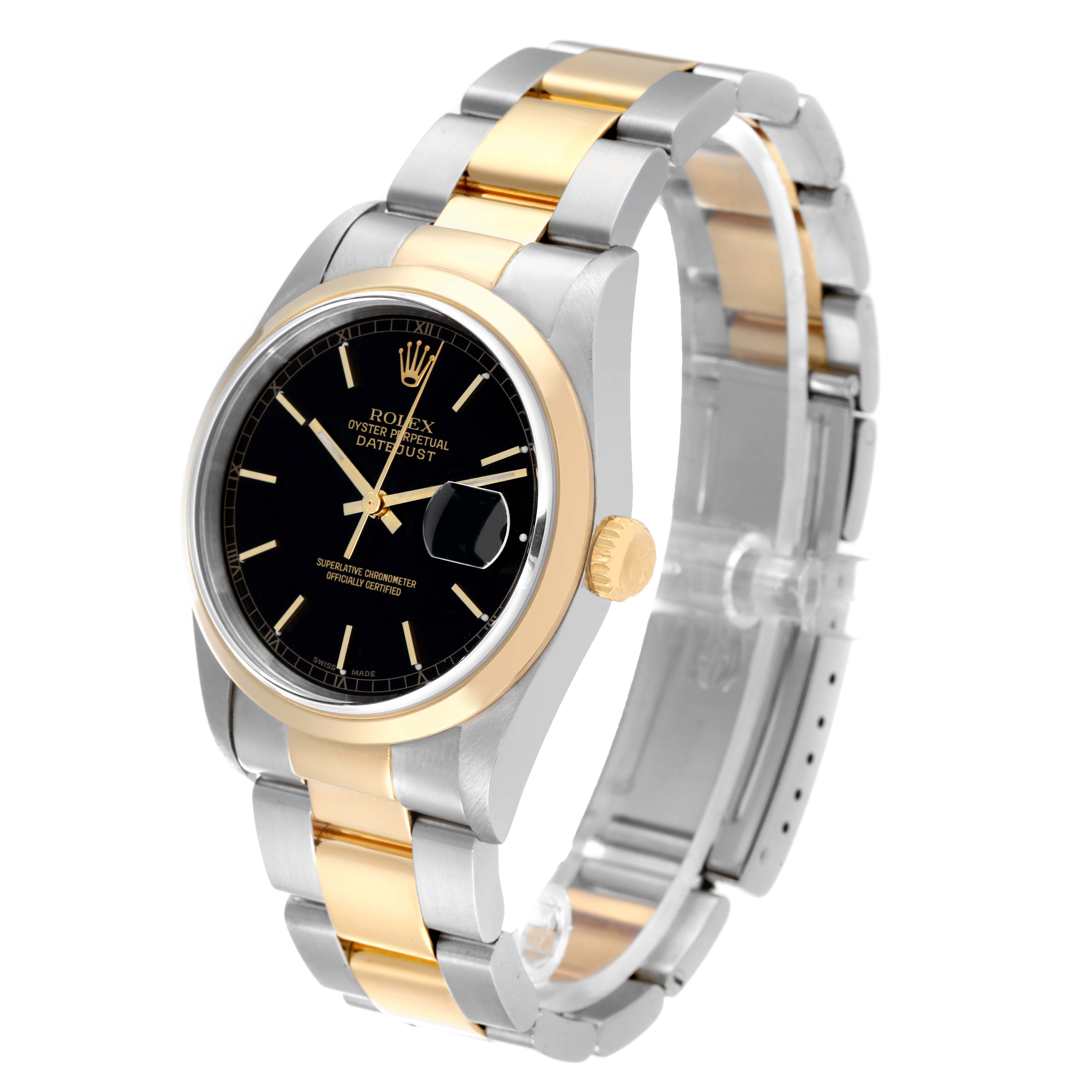The image shows a Rolex Datejust 16203 Men's Steel and Gold (two tone) Black Dial 16203 Men's Steel and Gold (two tone) Black Dial watch at an angle displaying the face, bezel, crown, and two-tone bracelet.