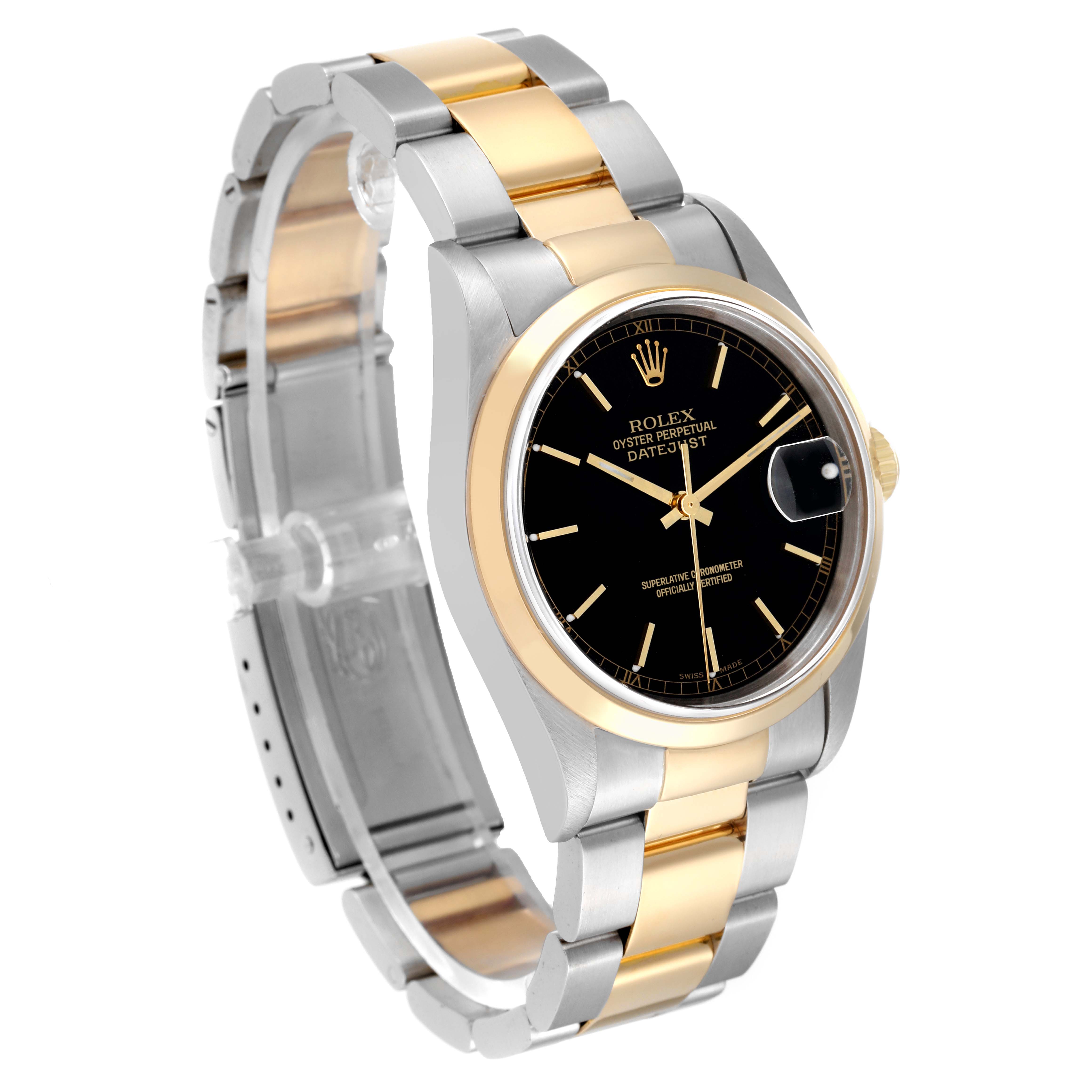 The image shows a Rolex Datejust 16203 Men's Steel and Gold (two tone) Black Dial 16203 Men's Steel and Gold (two tone) Black Dial watch at a three-quarter angle, detailing the bracelet, case, bezel, and dial.