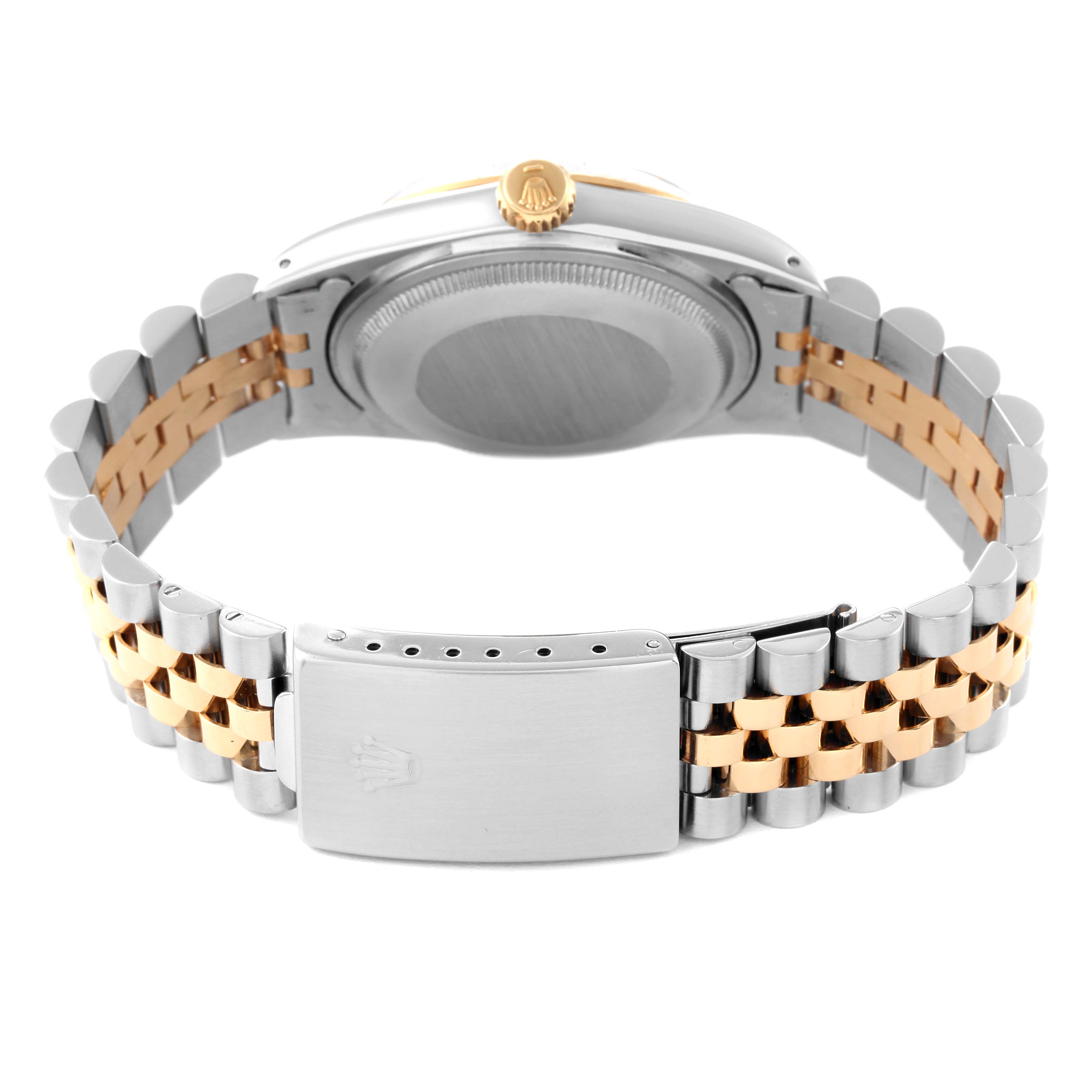 This image shows the back case, crown, and bracelet of a Rolex Datejust 16013 Men's Steel and Gold (two tone) Champagne Dial 16013 Men's Steel and Gold (two tone) Champagne Dial watch from a rear angle.