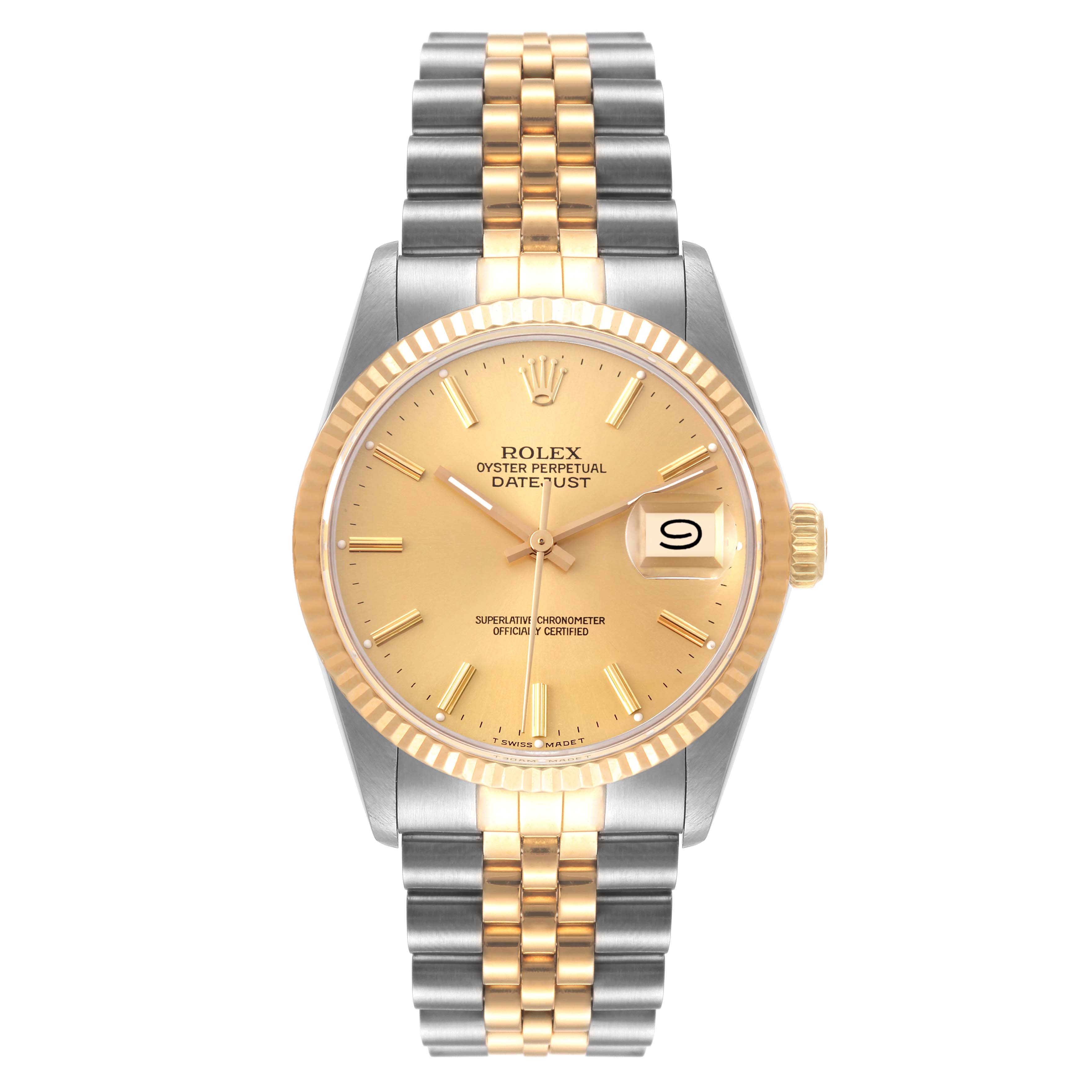 This image shows a frontal view of the Rolex Datejust 16013 Men's Steel and Gold (two tone) Champagne Dial 16013 Men's Steel and Gold (two tone) Champagne Dial watch, displaying the dial, hands, date window, and two-tone metal bracelet.