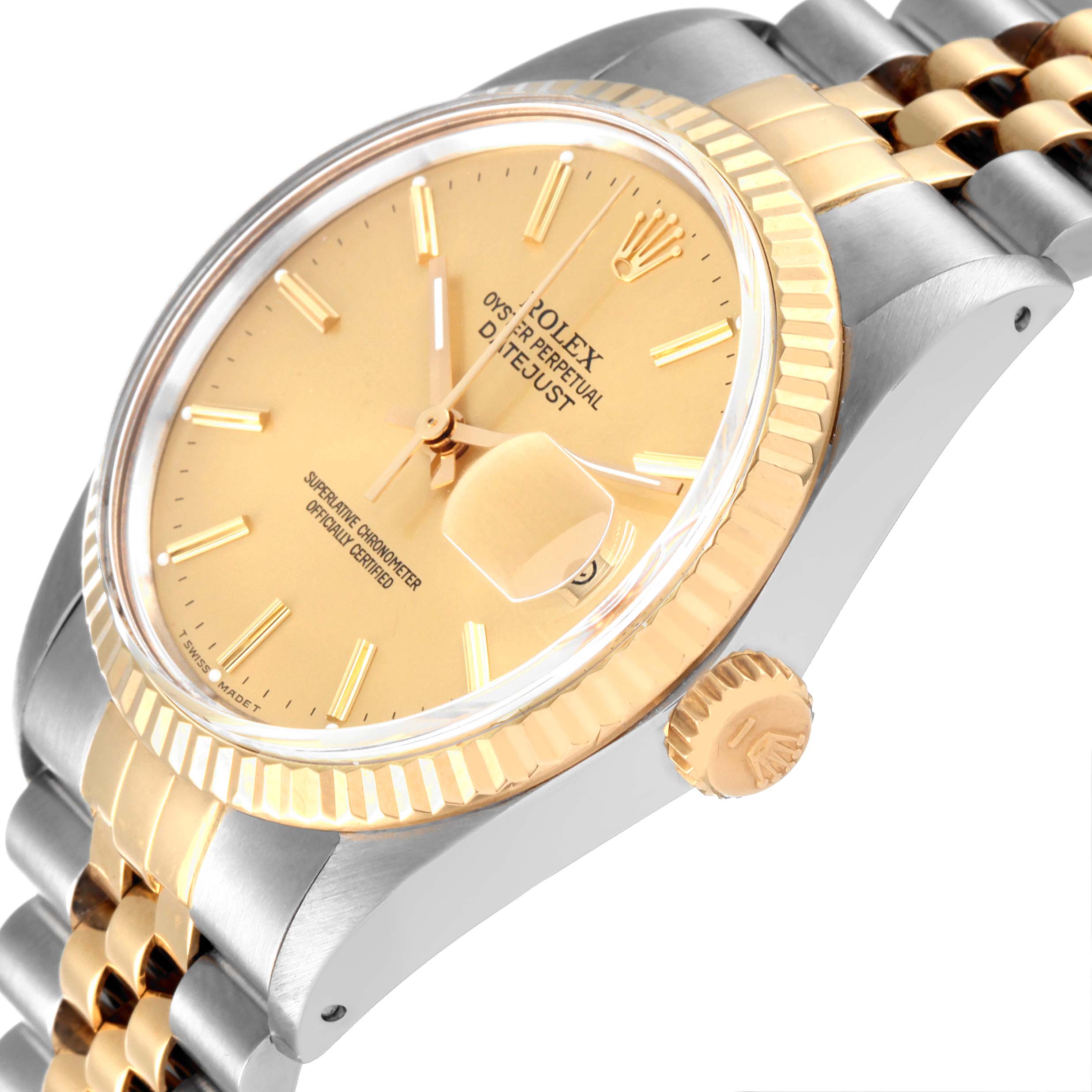 The image shows a close-up side view of a Rolex Datejust 16013 Men's Steel and Gold (two tone) Champagne Dial 16013 Men's Steel and Gold (two tone) Champagne Dial, highlighting its two-tone bracelet, crown, and dial.