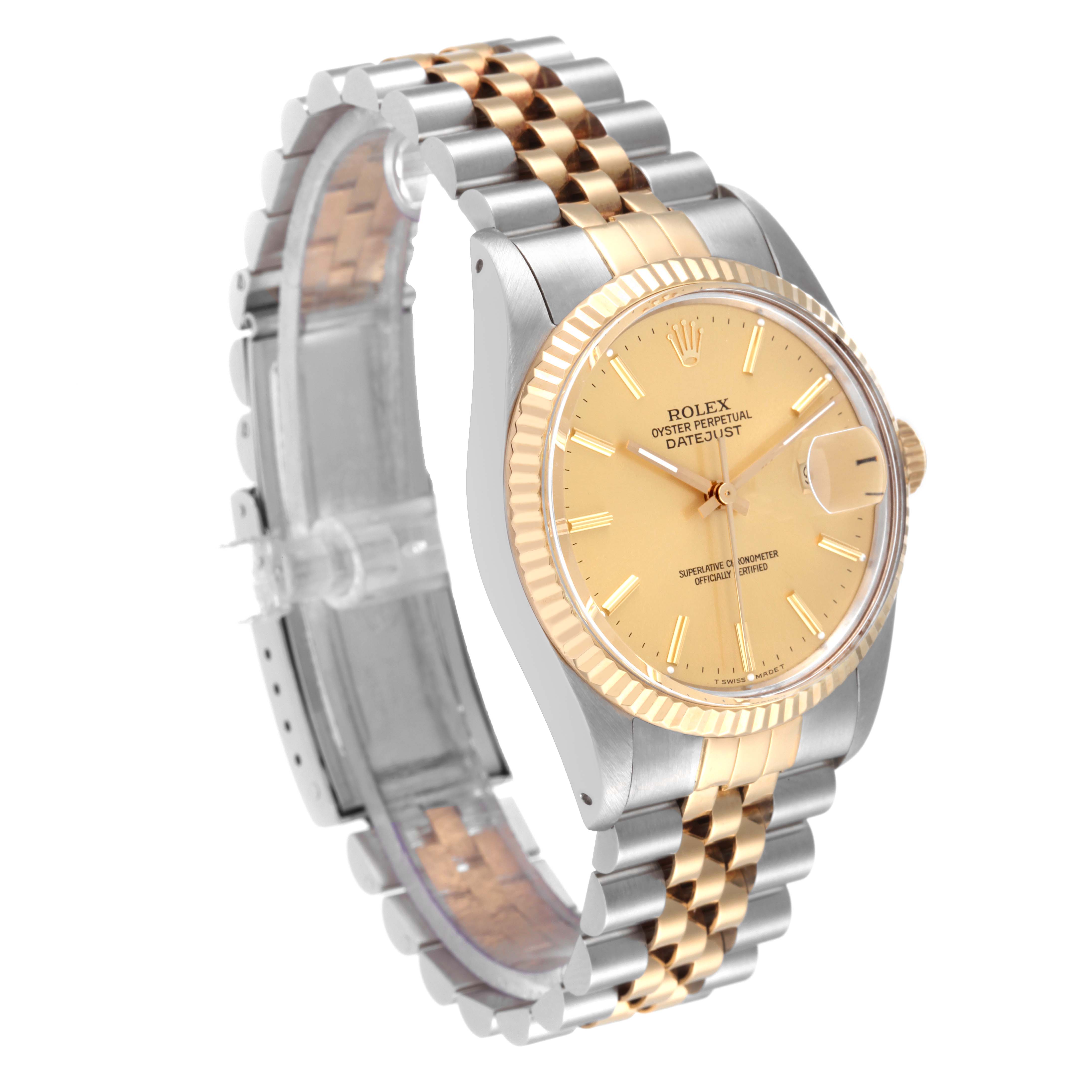 The image shows a Rolex Datejust 16013 Men's Steel and Gold (two tone) Champagne Dial 16013 Men's Steel and Gold (two tone) Champagne Dial watch, angled to display the face, bezel, and two-tone bracelet.