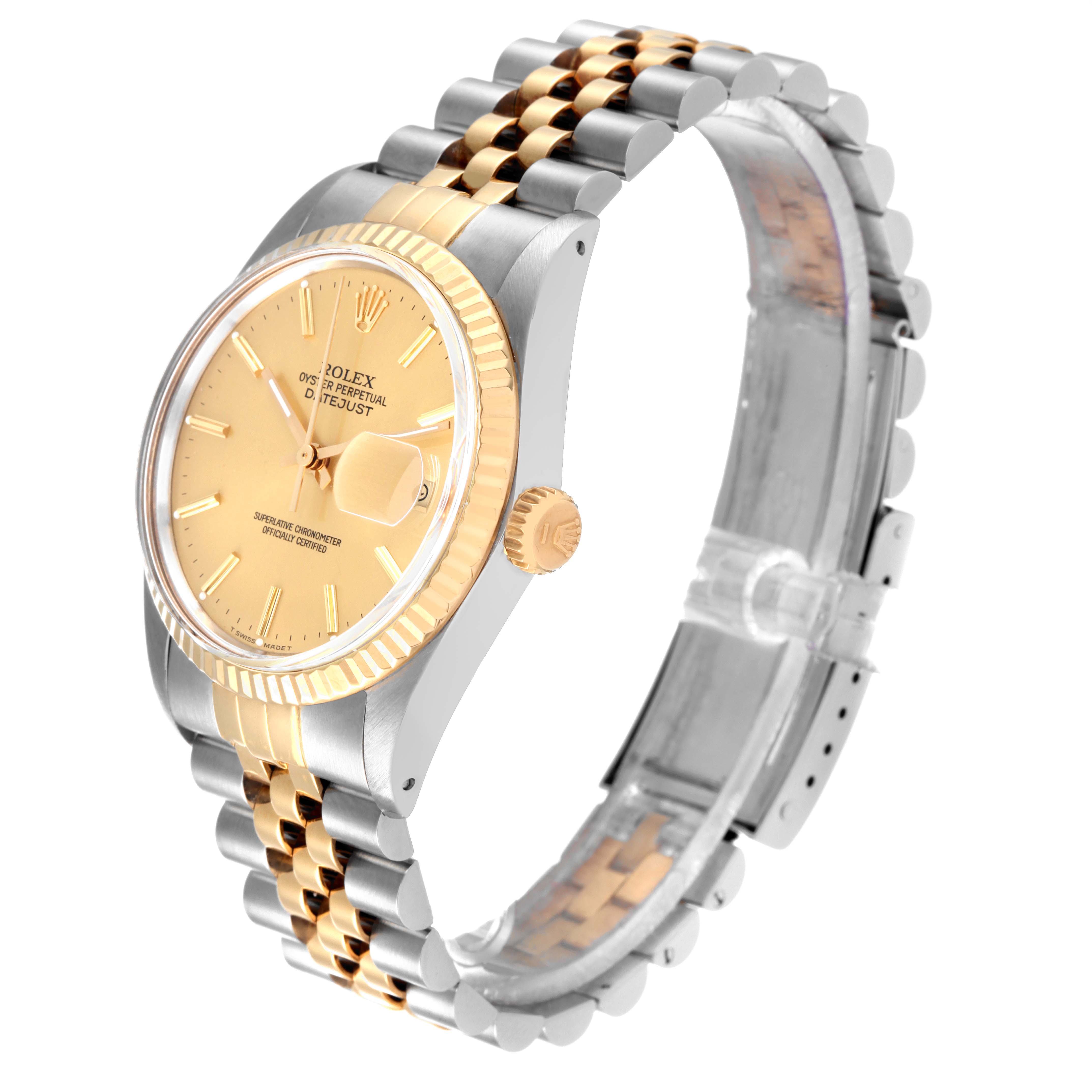 The image shows a side angle of a Rolex Datejust 16013 Men's Steel and Gold (two tone) Champagne Dial 16013 Men's Steel and Gold (two tone) Champagne Dial watch, highlighting the two-tone bracelet, dial, and fluted bezel.