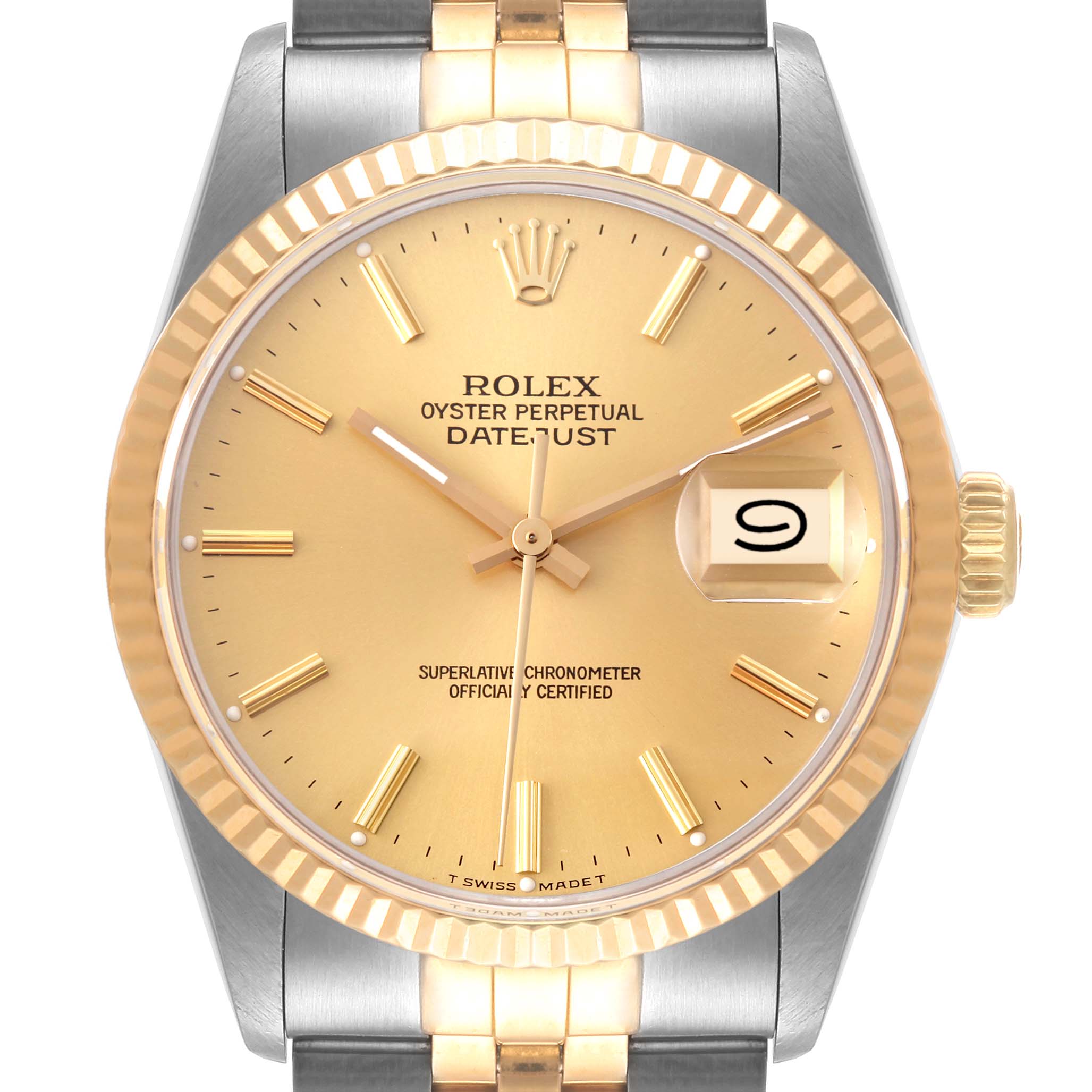 This image shows a frontal view of the Rolex Datejust 16013 Men's Steel and Gold (two tone) Champagne Dial 16013 Men's Steel and Gold (two tone) Champagne Dial watch, highlighting its gold dial, hands, and two-tone band.