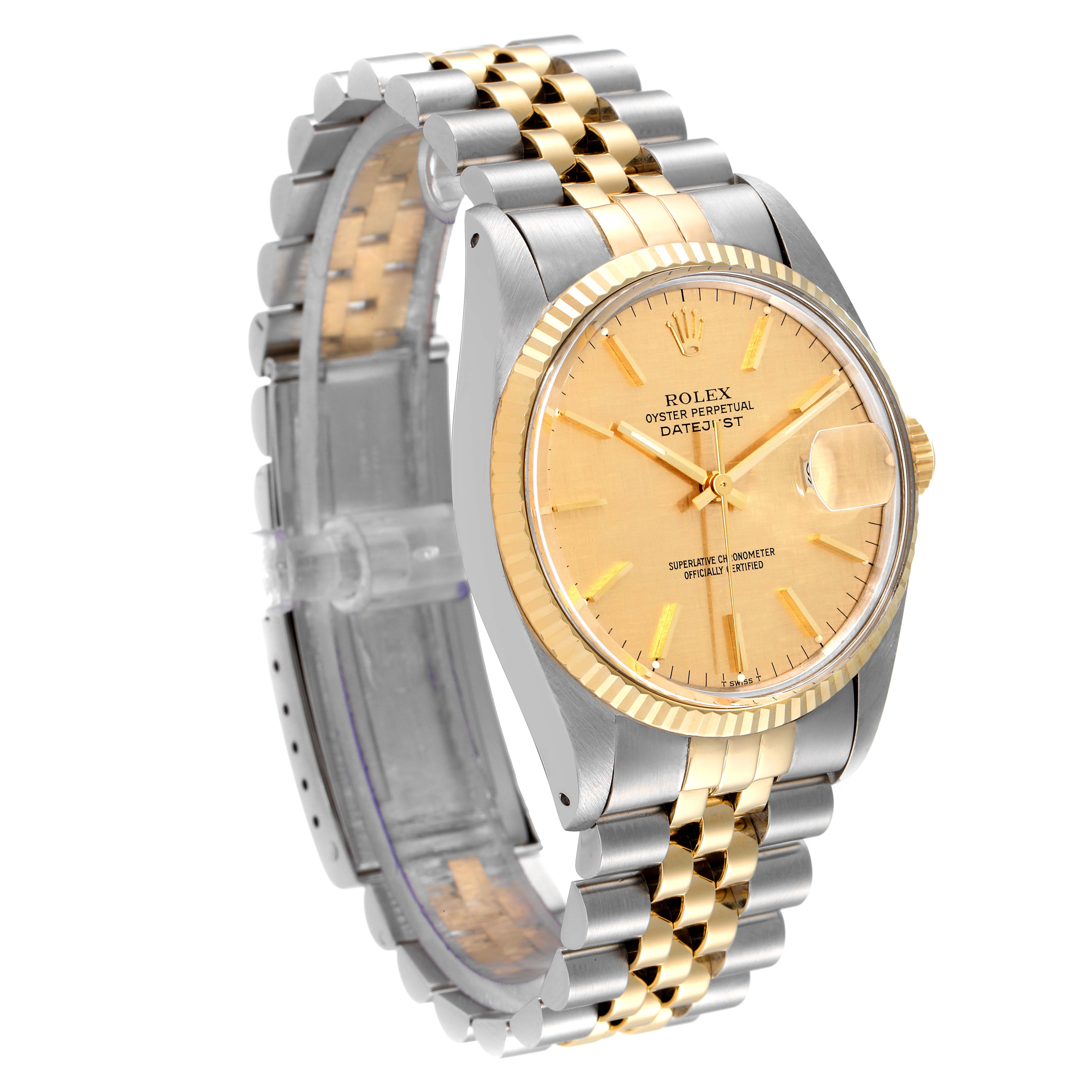 The image shows a Rolex Vintage Collection 16013 Men
s Steel and Gold (two tone) Champagne Dial 16013 Men
s Steel and Gold (two tone) Champagne Dial model watch at a front angle, highlighting its two-tone bracelet, bezel, and dial.