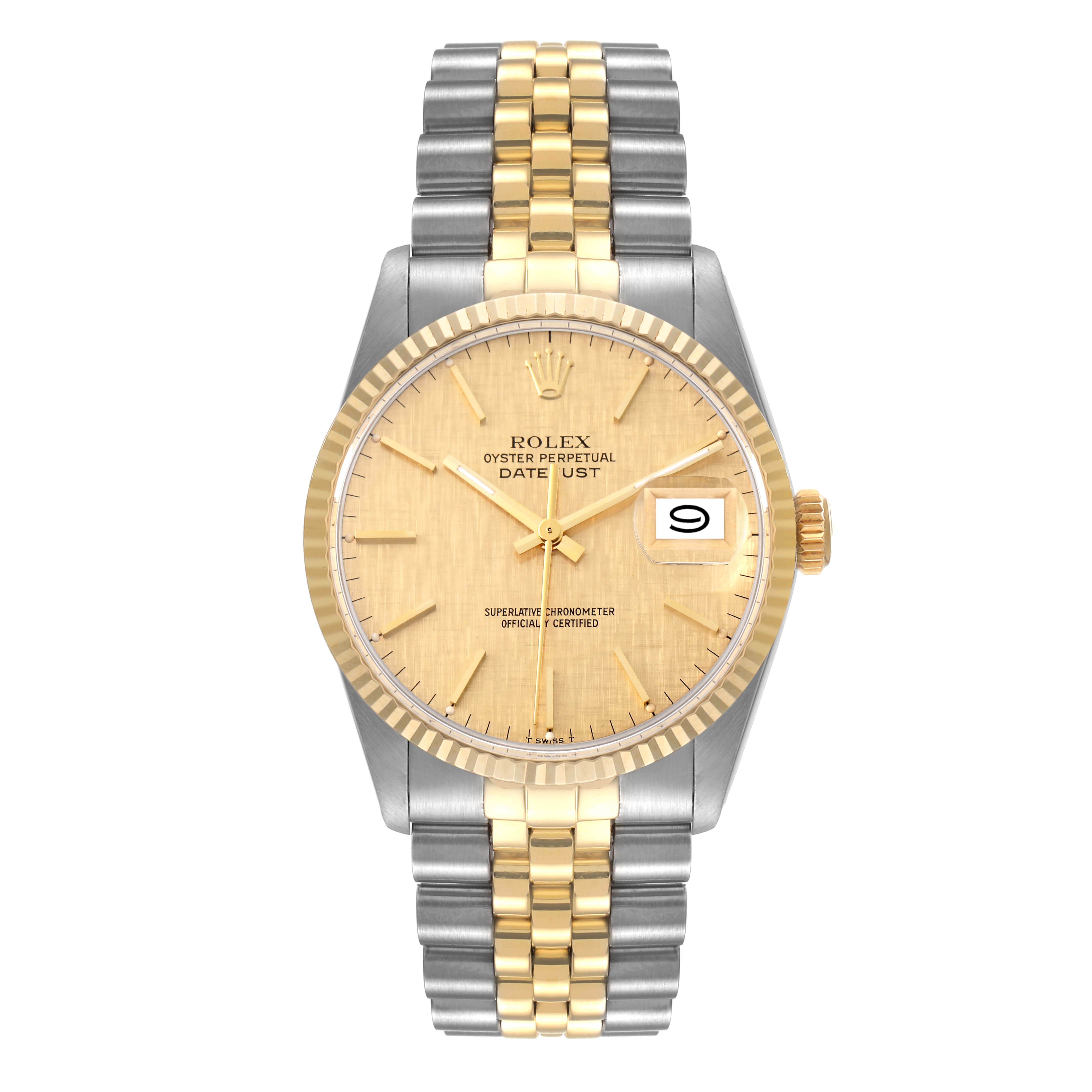 The image shows a full front view of the Rolex Vintage Collection 16013 Men
s Steel and Gold (two tone) Champagne Dial 16013 Men
s Steel and Gold (two tone) Champagne Dial model watch with a two-tone bracelet and the date displayed.