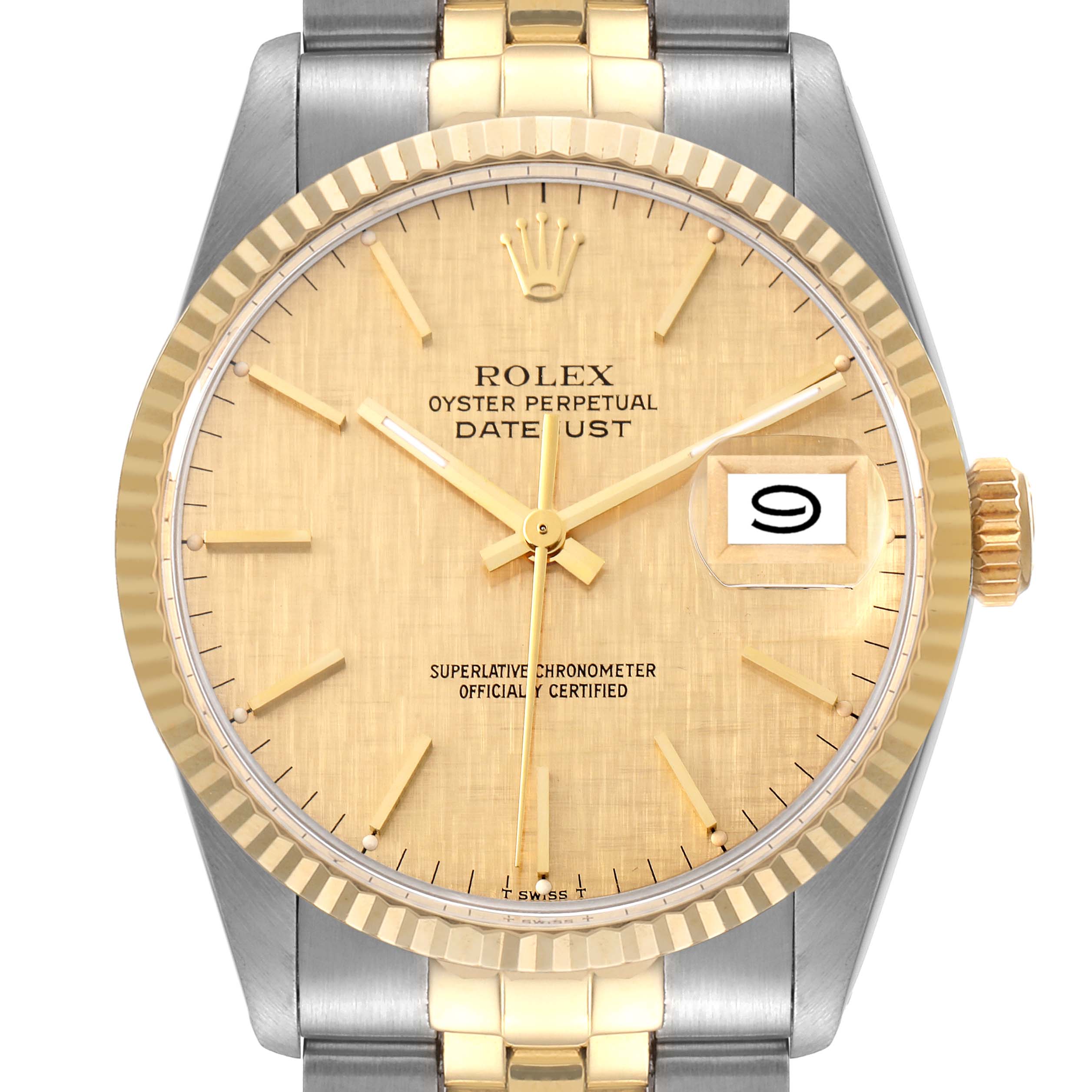 The image shows a front view of the Rolex Vintage Collection 16013 Men
s Steel and Gold (two tone) Champagne Dial 16013 Men
s Steel and Gold (two tone) Champagne Dial Datejust, highlighting its champagne dial, date display, and two-tone bracelet.