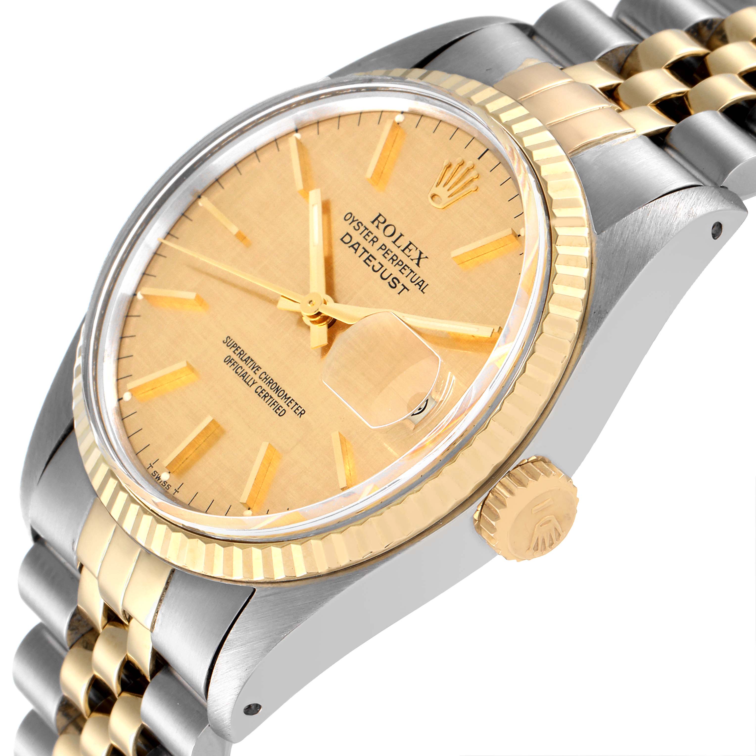 The Rolex Vintage Collection 16013 Men
s Steel and Gold (two tone) Champagne Dial 16013 Men
s Steel and Gold (two tone) Champagne Dial watch is shown at a three-quarter angle, highlighting the face, bezel, crown, and part of the bracelet.