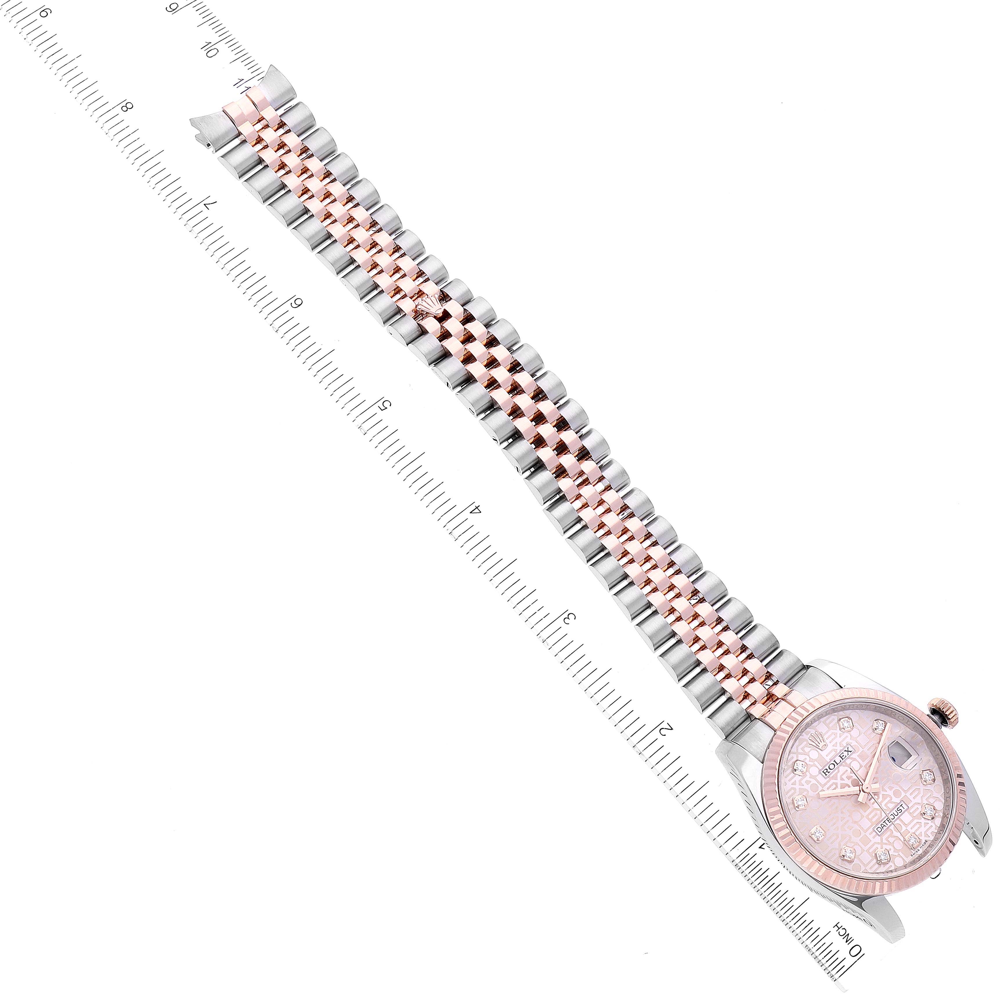 This image shows a Rolex Datejust 116231 Men's Steel and Gold (two tone) Pink Dial 116231 Men's Steel and Gold (two tone) Pink Dial watch from a top-down angle, highlighting the dial, bezel, and bracelet.