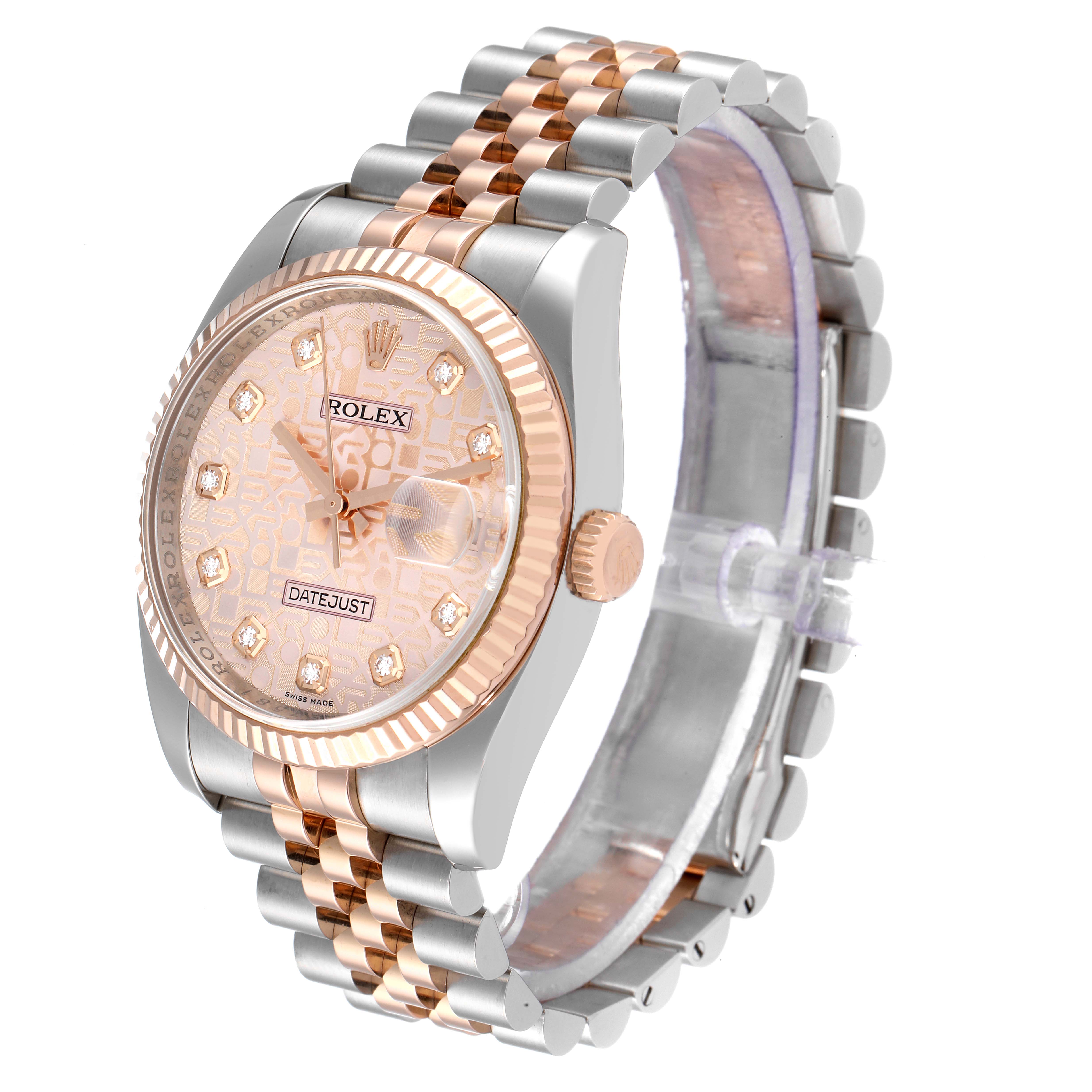 The image shows a side angle of a Rolex Datejust 116231 Men's Steel and Gold (two tone) Pink Dial 116231 Men's Steel and Gold (two tone) Pink Dial watch, highlighting its dial, bezel, crown, and bracelet.