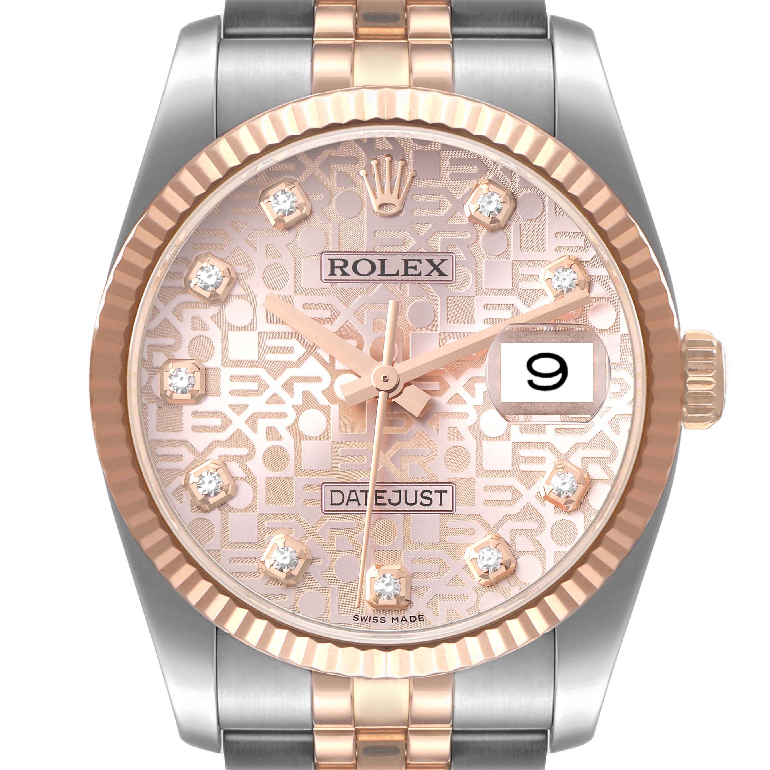 The image shows a front view of a Rolex Datejust 116231 Men's Steel and Gold (two tone) Pink Dial 116231 Men's Steel and Gold (two tone) Pink Dial watch featuring a patterned dial, diamond hour markers, and a two-tone metal bracelet.