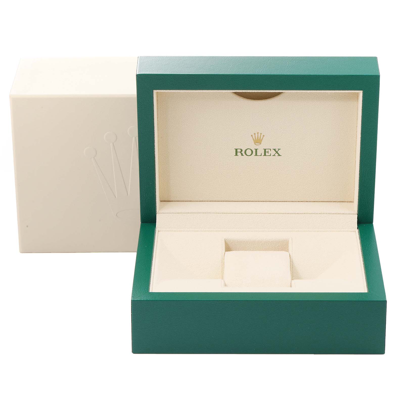 The image shows the open box of a Rolex Datejust 116231 Men's Steel and Gold (two tone) Pink Dial 116231 Men's Steel and Gold (two tone) Pink Dial watch, featuring the interior and exterior branding.
