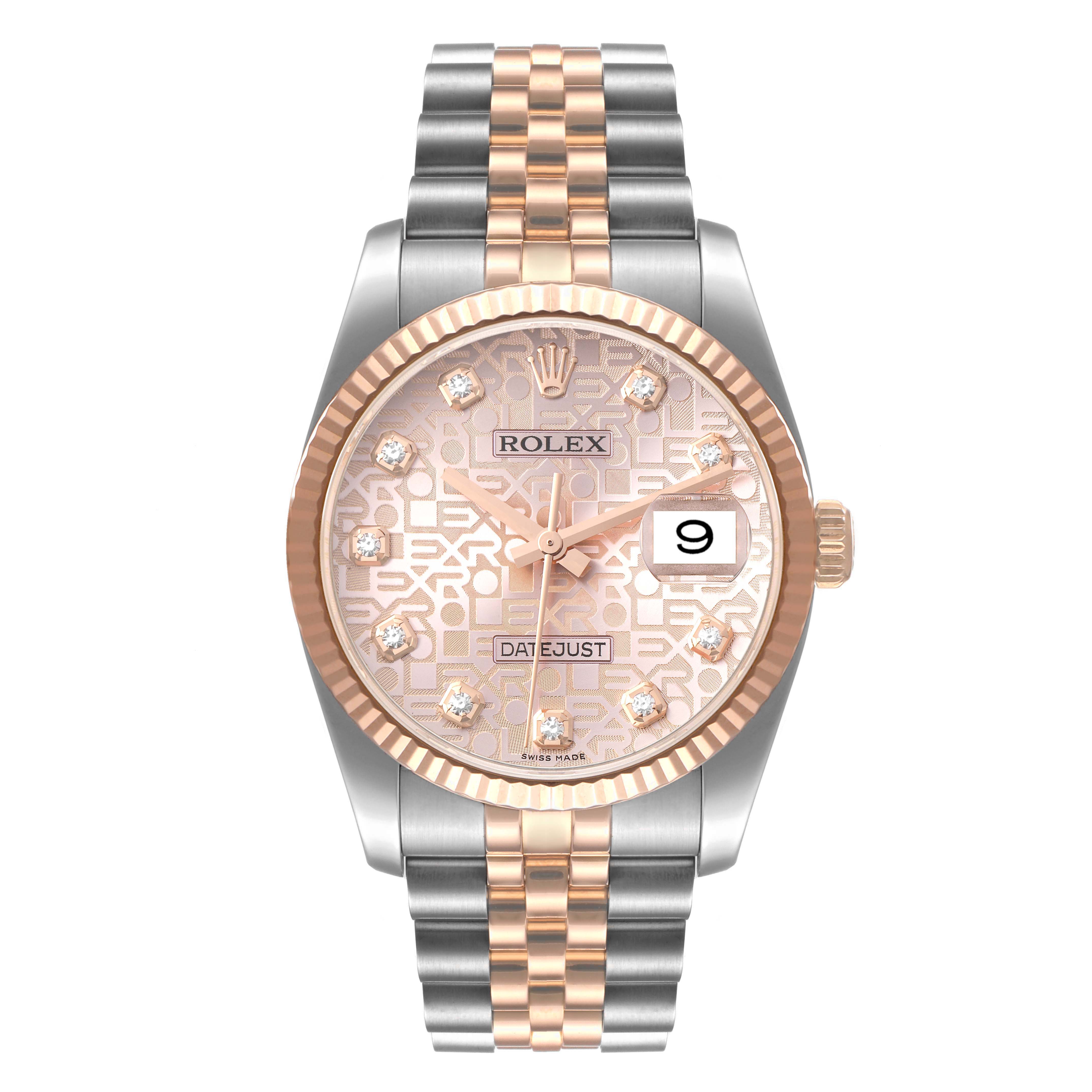 The image shows a Rolex Datejust 116231 Men's Steel and Gold (two tone) Pink Dial 116231 Men's Steel and Gold (two tone) Pink Dial watch from a front view, highlighting its face, bezel, and two-tone metal bracelet.