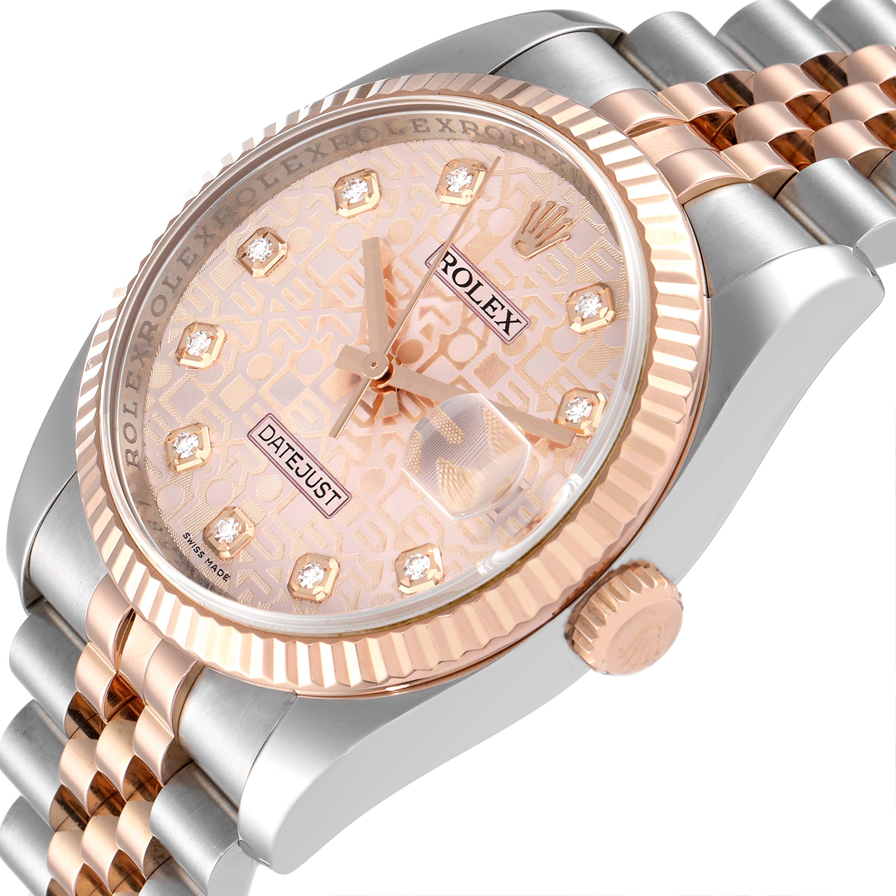 This angled view shows the pink dial, fluted bezel, crown, and part of the bracelet of the Rolex Datejust 116231 Men's Steel and Gold (two tone) Pink Dial 116231 Men's Steel and Gold (two tone) Pink Dial watch.