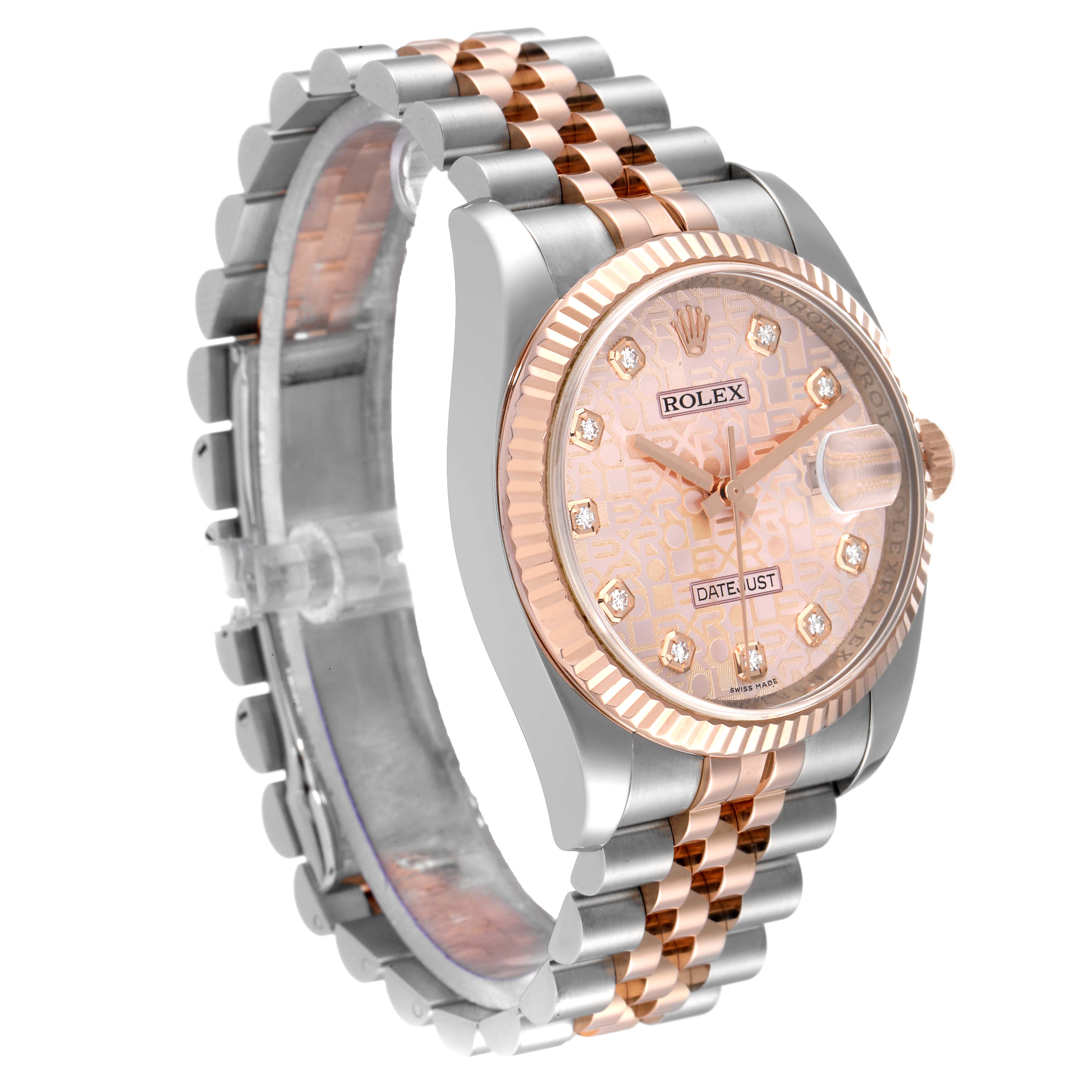 The image shows a Rolex Datejust 116231 Men's Steel and Gold (two tone) Pink Dial 116231 Men's Steel and Gold (two tone) Pink Dial watch from an angled view, highlighting the face, bezel, and two-tone jubilee bracelet.