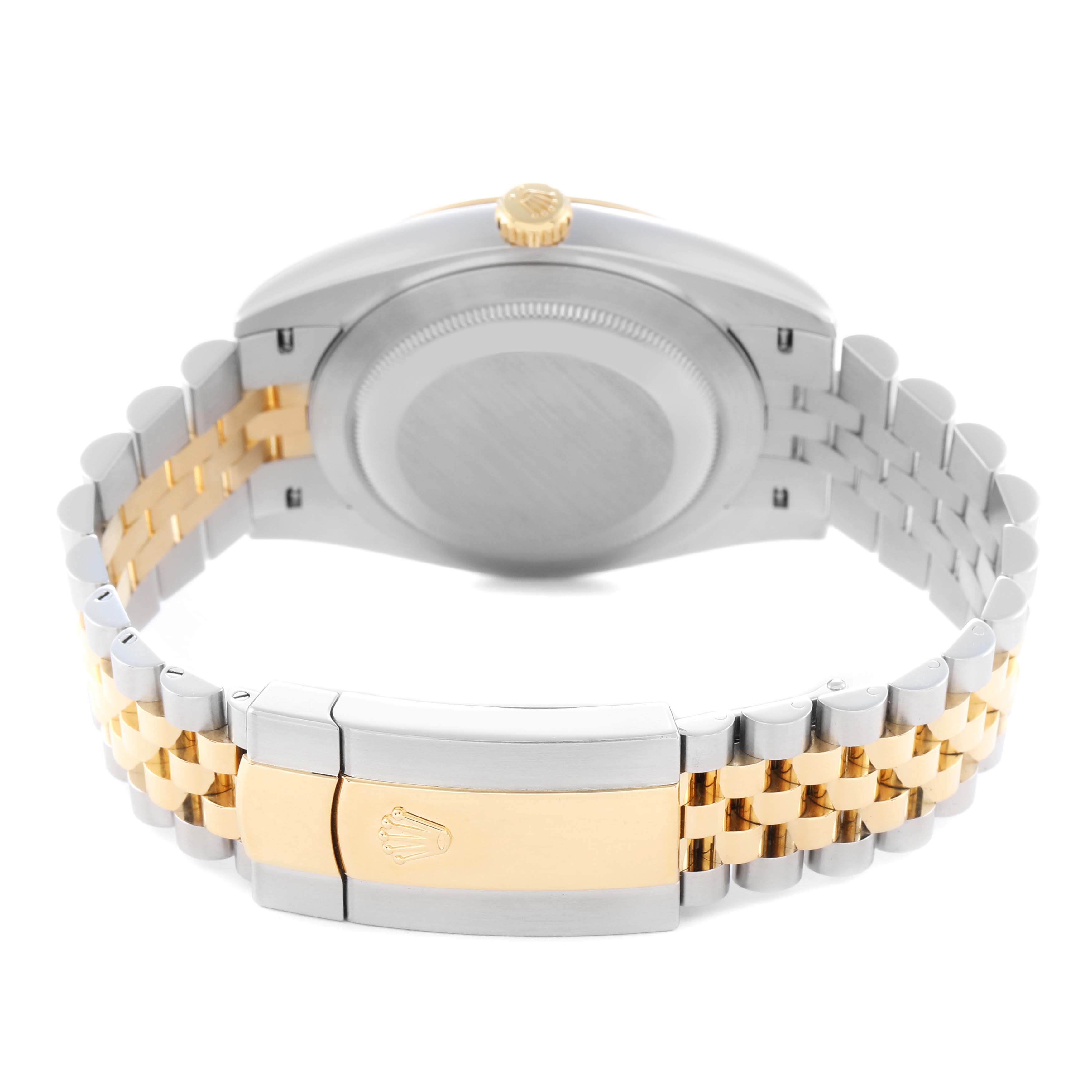 The Rolex Datejust 41 126333 Men's Steel and Gold (two tone) Silver Dial is shown from the back, highlighting the case back, crown, and two-tone Jubilee bracelet with clasp.