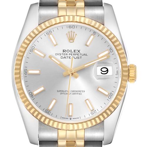 The Rolex Datejust 41 126333 Mens Steel and Gold (two tone) Silver Dial is shown from the front, highlighting the dial, fluted bezel, and two-tone bracelet.