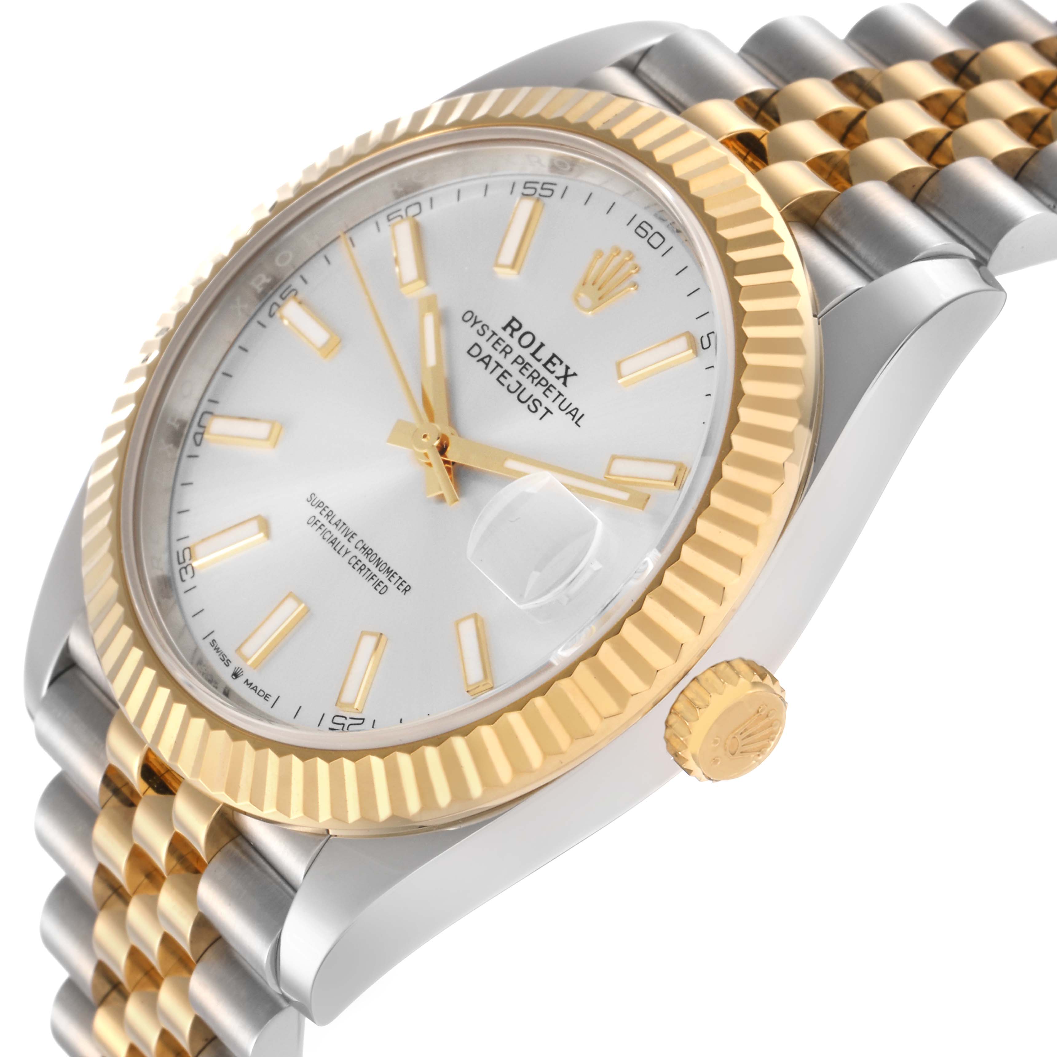 The Rolex Datejust 41 126333 Men's Steel and Gold (two tone) Silver Dial is shown at a side angle, highlighting the fluted bezel, white dial, and Jubilee bracelet.