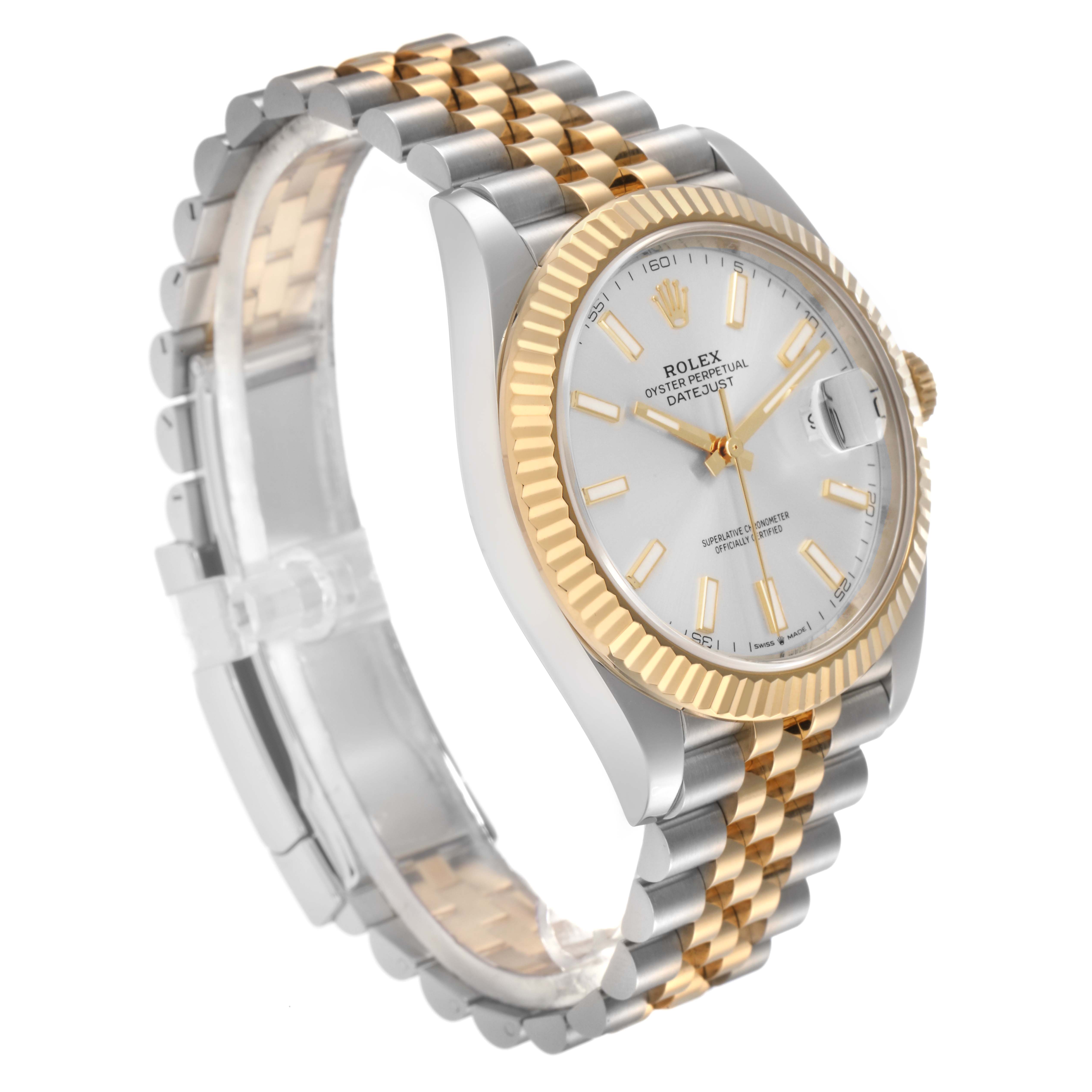 The Rolex Datejust 41 126333 Men's Steel and Gold (two tone) Silver Dial watch is shown at a three-quarter angle, highlighting the gold and silver bracelet, fluted bezel, and dial.