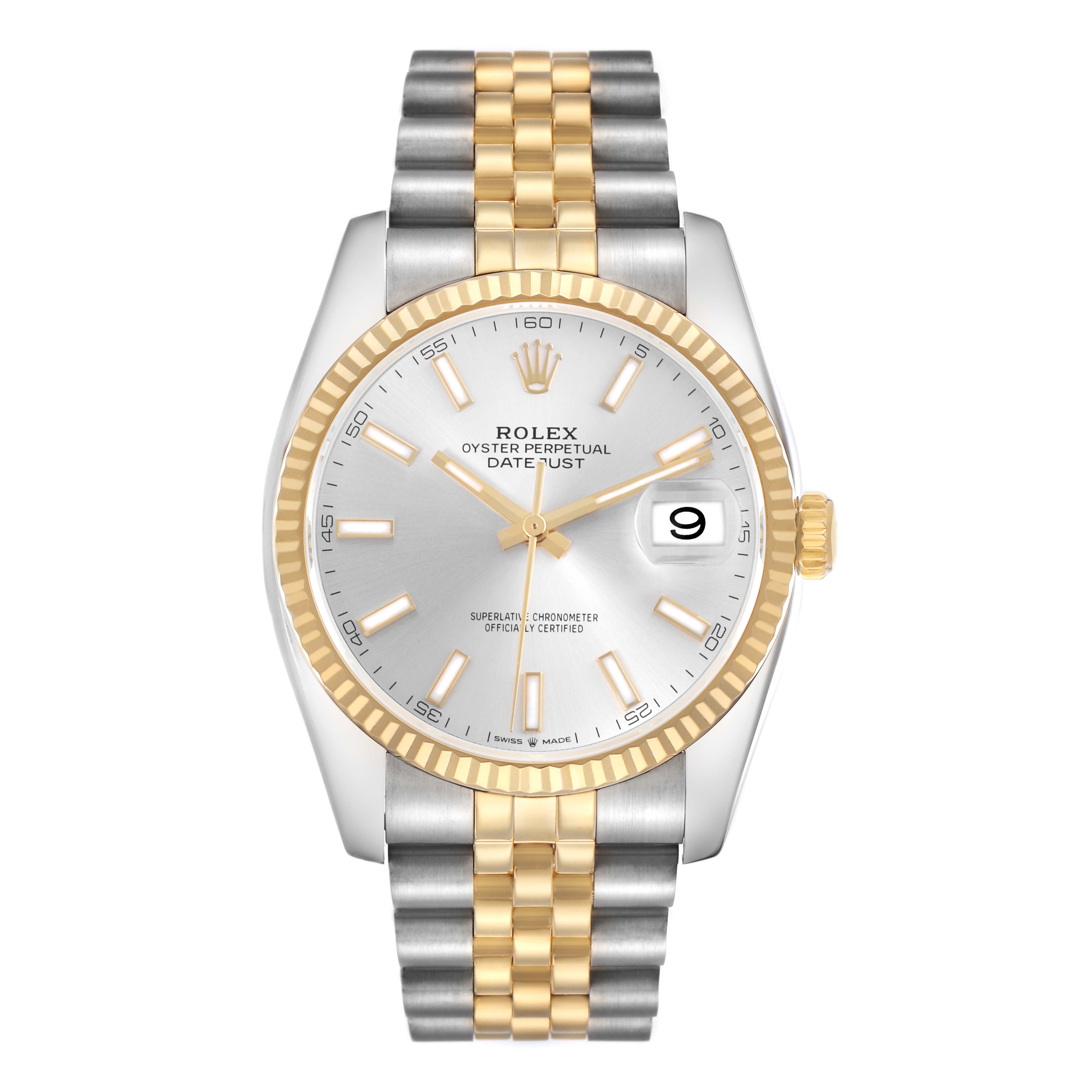 The Rolex Datejust 41 126333 Men's Steel and Gold (two tone) Silver Dial is shown from a front angle, displaying its two-tone Jubilee bracelet, fluted bezel, and date window.
