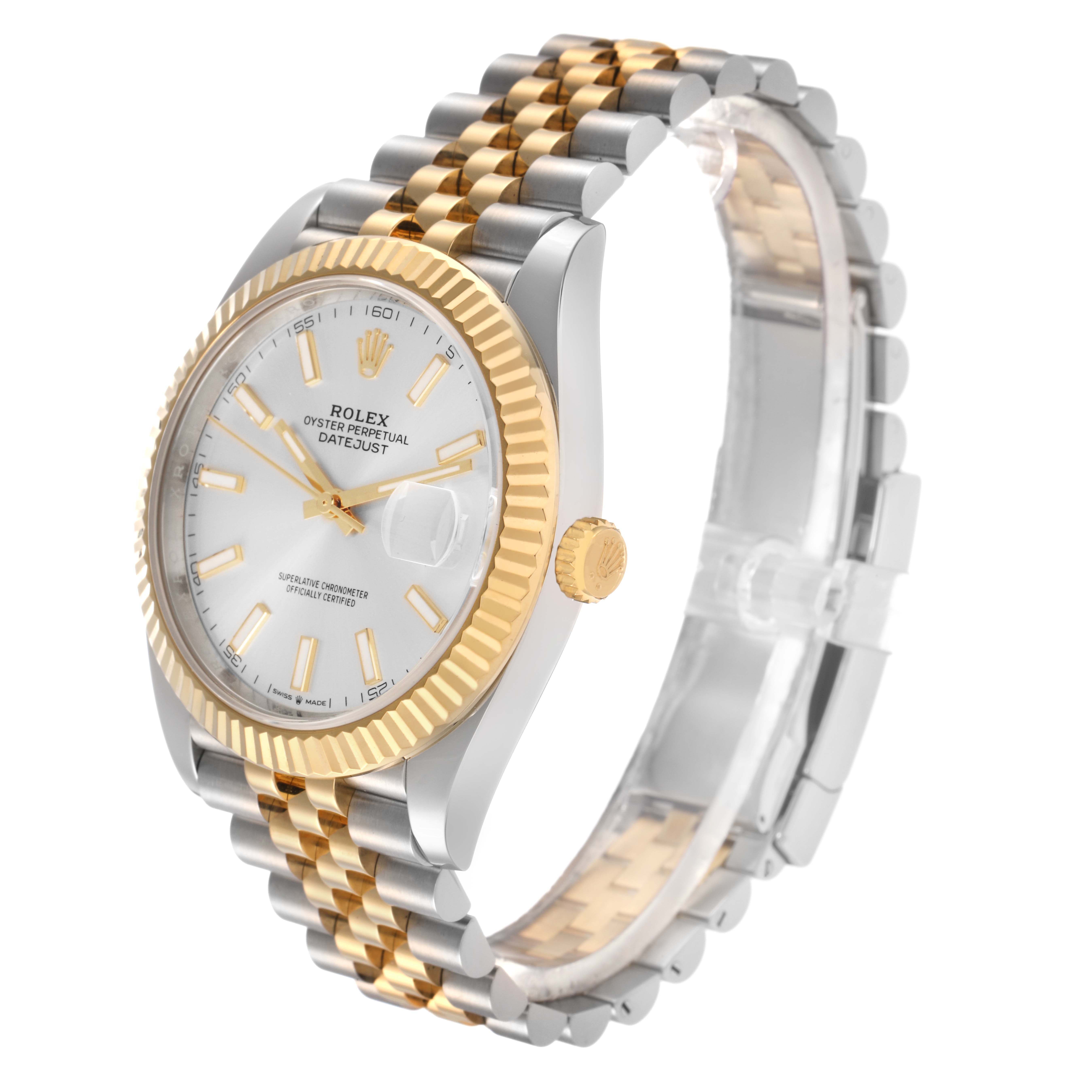 The Rolex Datejust 41 126333 Men's Steel and Gold (two tone) Silver Dial is shown at a three-quarter angle, highlighting its face, bezel, and two-tone bracelet.