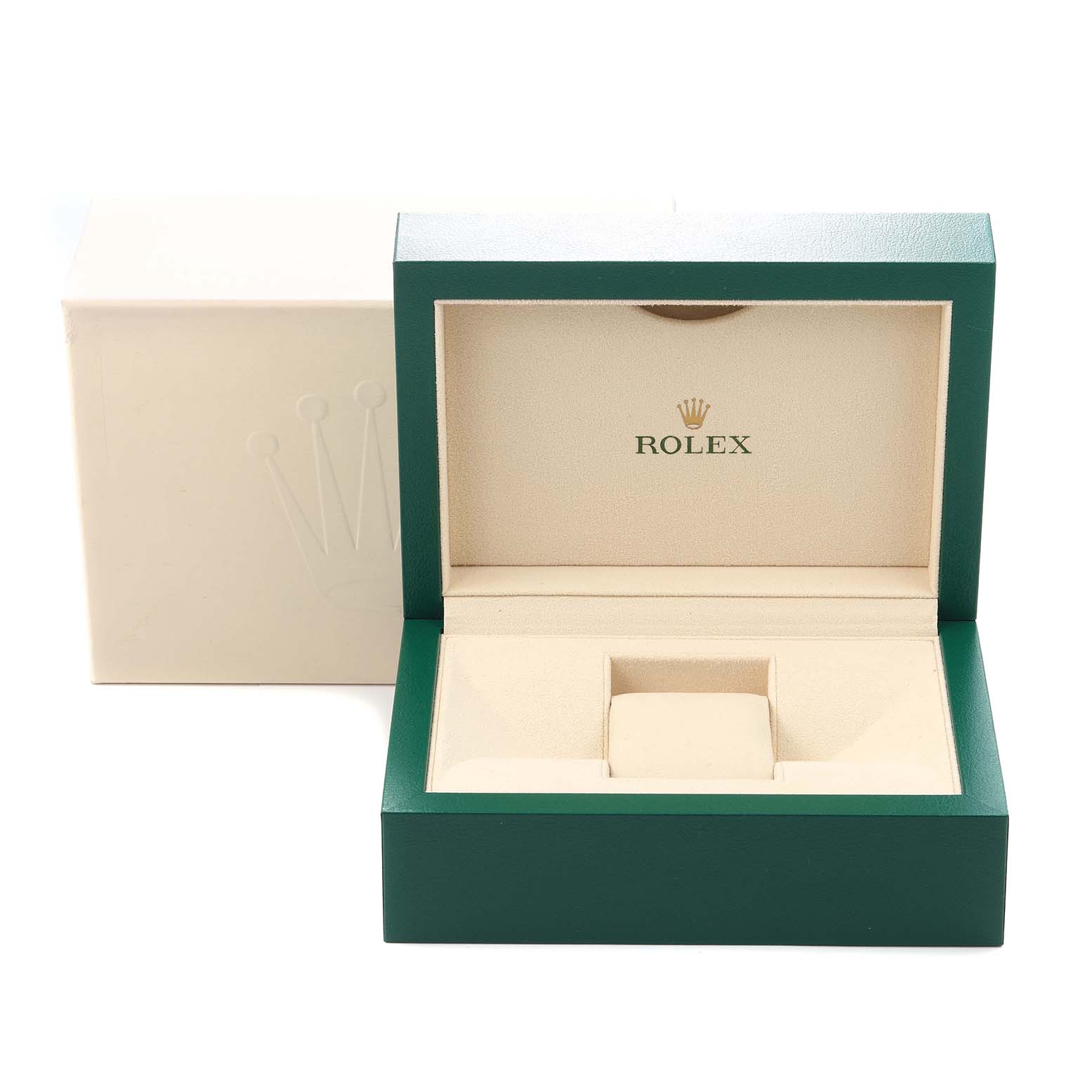 The image shows the watch box and packaging for a Rolex Datejust 41 126333 Men's Steel and Gold (two tone) Silver Dial, with a green outer box and beige interior.
