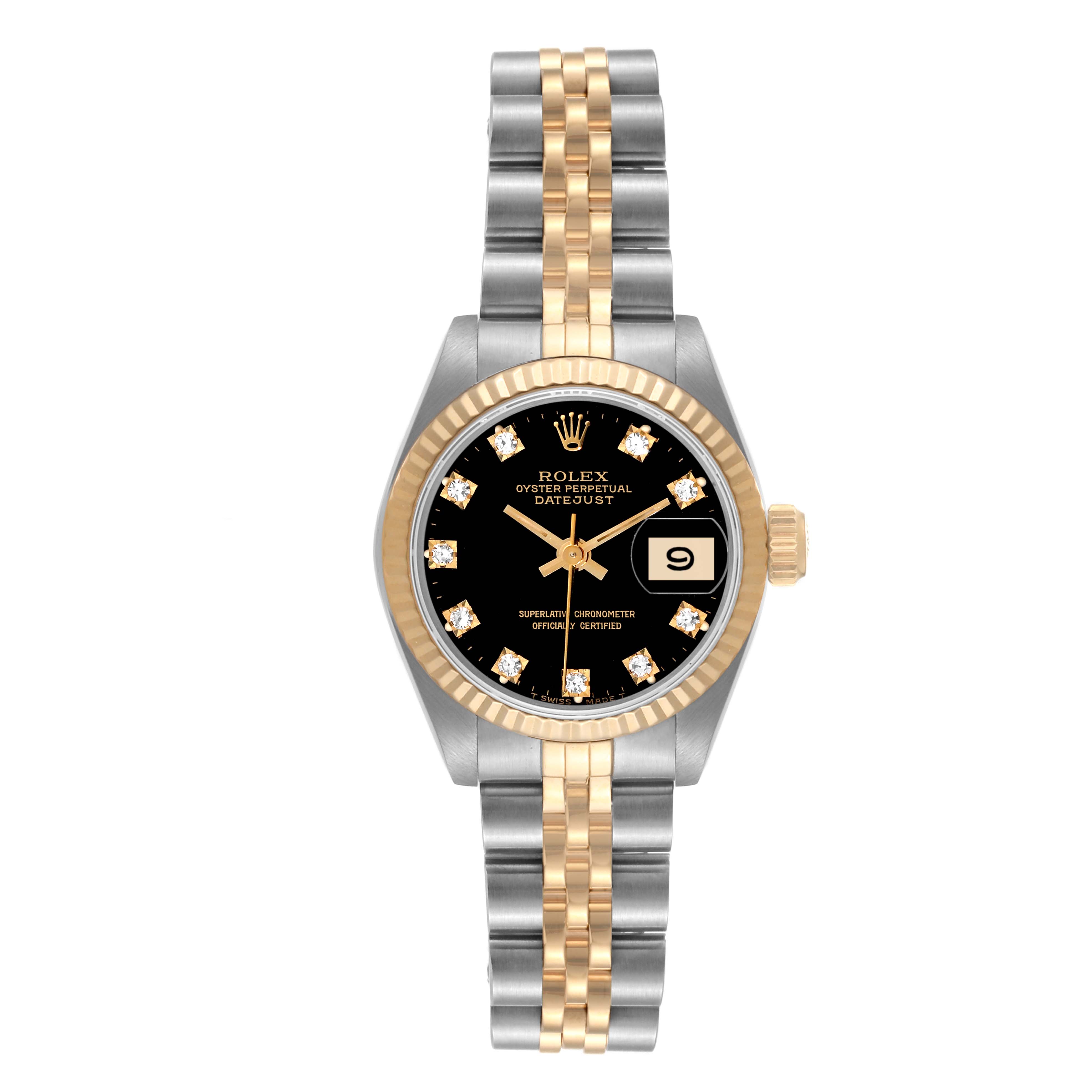 The Rolex Datejust 69173 Women's Steel and Gold (two tone) Black Dial 69173 Women's Steel and Gold (two tone) Black Dial watch is shown from a front angle, displaying its black dial, gold bezel, and two-tone bracelet.