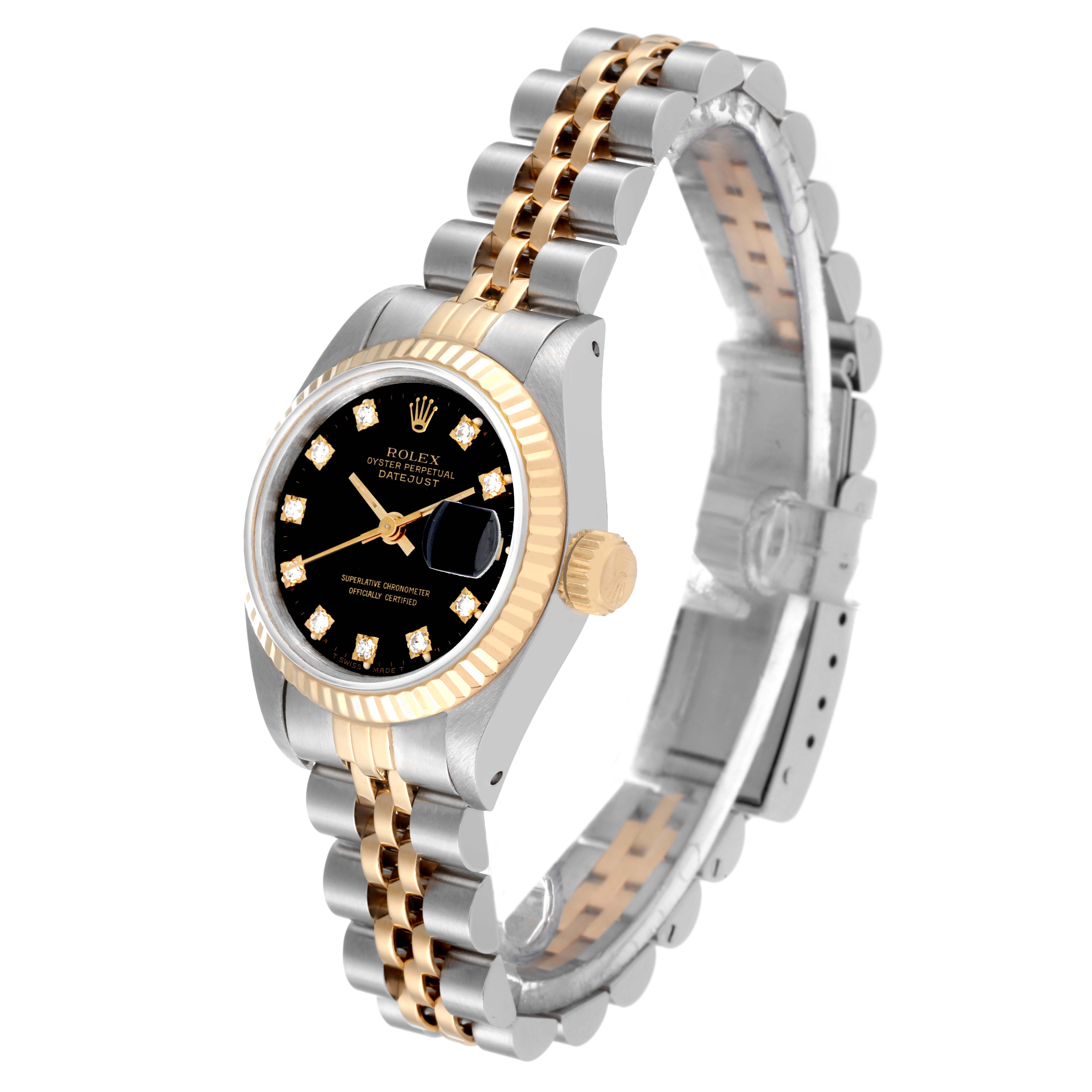 The Rolex Datejust 69173 Women's Steel and Gold (two tone) Black Dial 69173 Women's Steel and Gold (two tone) Black Dial watch is shown at an angle, displaying the face, bezel, crown, and a portion of the band.