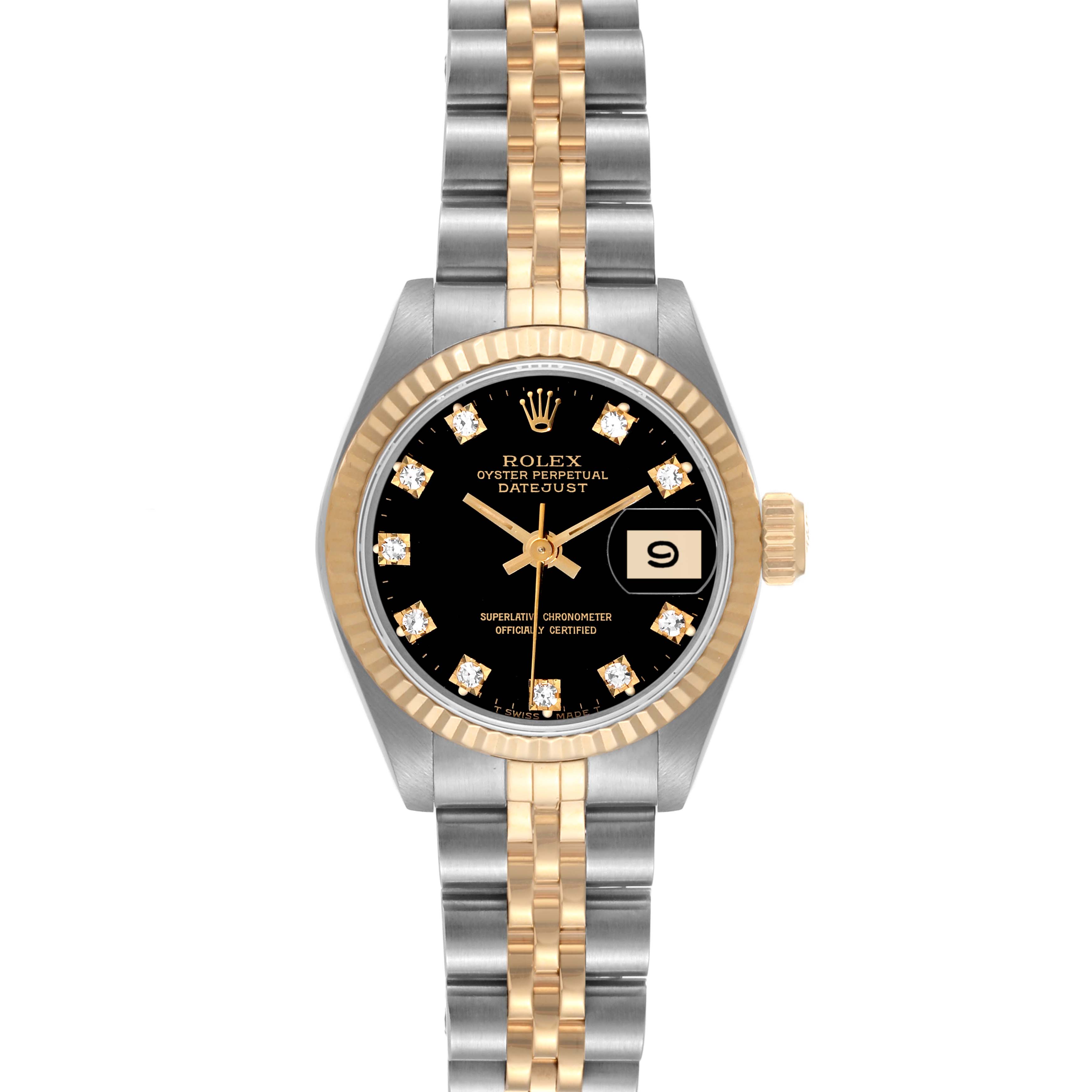 The Rolex Datejust 69173 Women's Steel and Gold (two tone) Black Dial 69173 Women's Steel and Gold (two tone) Black Dial watch is shown from a front angle, highlighting its two-tone bracelet, black dial, and date window.