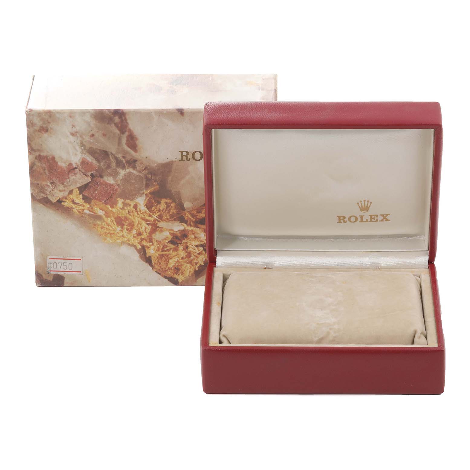 The image shows a Rolex Datejust 69173 Women's Steel and Gold (two tone) Black Dial 69173 Women's Steel and Gold (two tone) Black Dial watch box at an open angle, including the outer box and inner cushioned compartment.