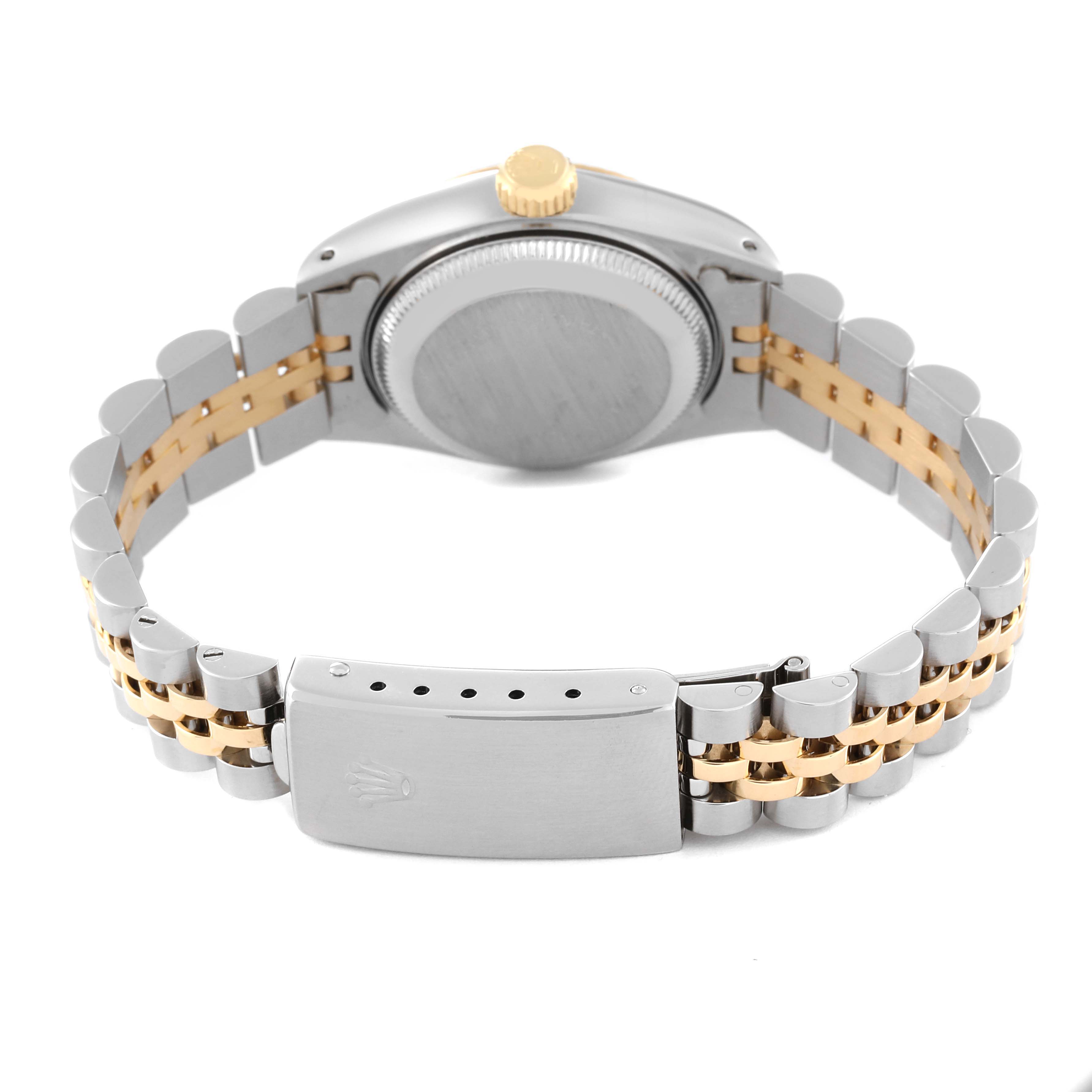 The image shows the rear view of a Rolex Datejust 69173 Women's Steel and Gold (two tone) Black Dial 69173 Women's Steel and Gold (two tone) Black Dial watch, focusing on the case back, bracelet, and clasp.