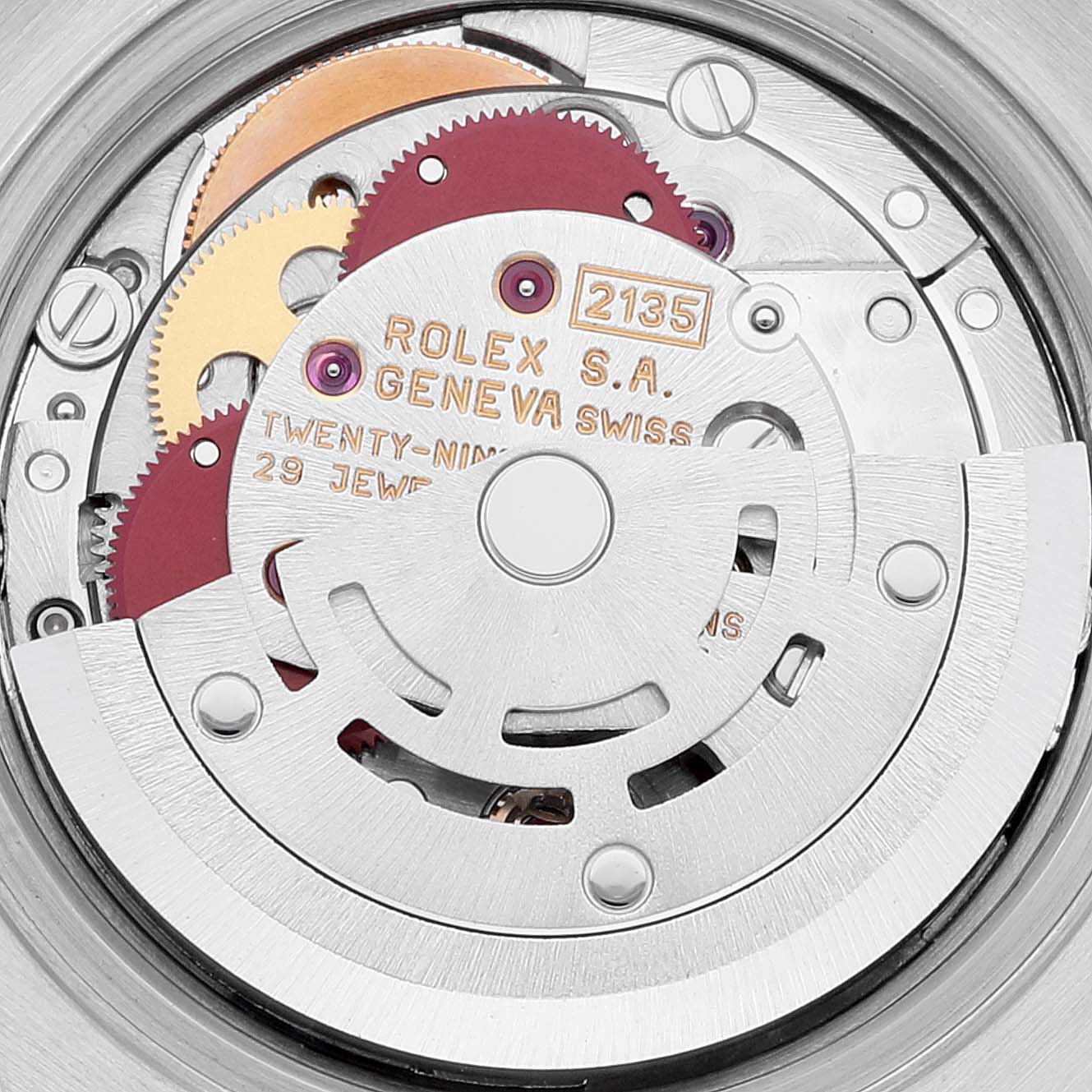 The image shows the internal movement mechanism of a Rolex Datejust 69173 Women's Steel and Gold (two tone) Black Dial 69173 Women's Steel and Gold (two tone) Black Dial watch, highlighting the intricate gears and components.