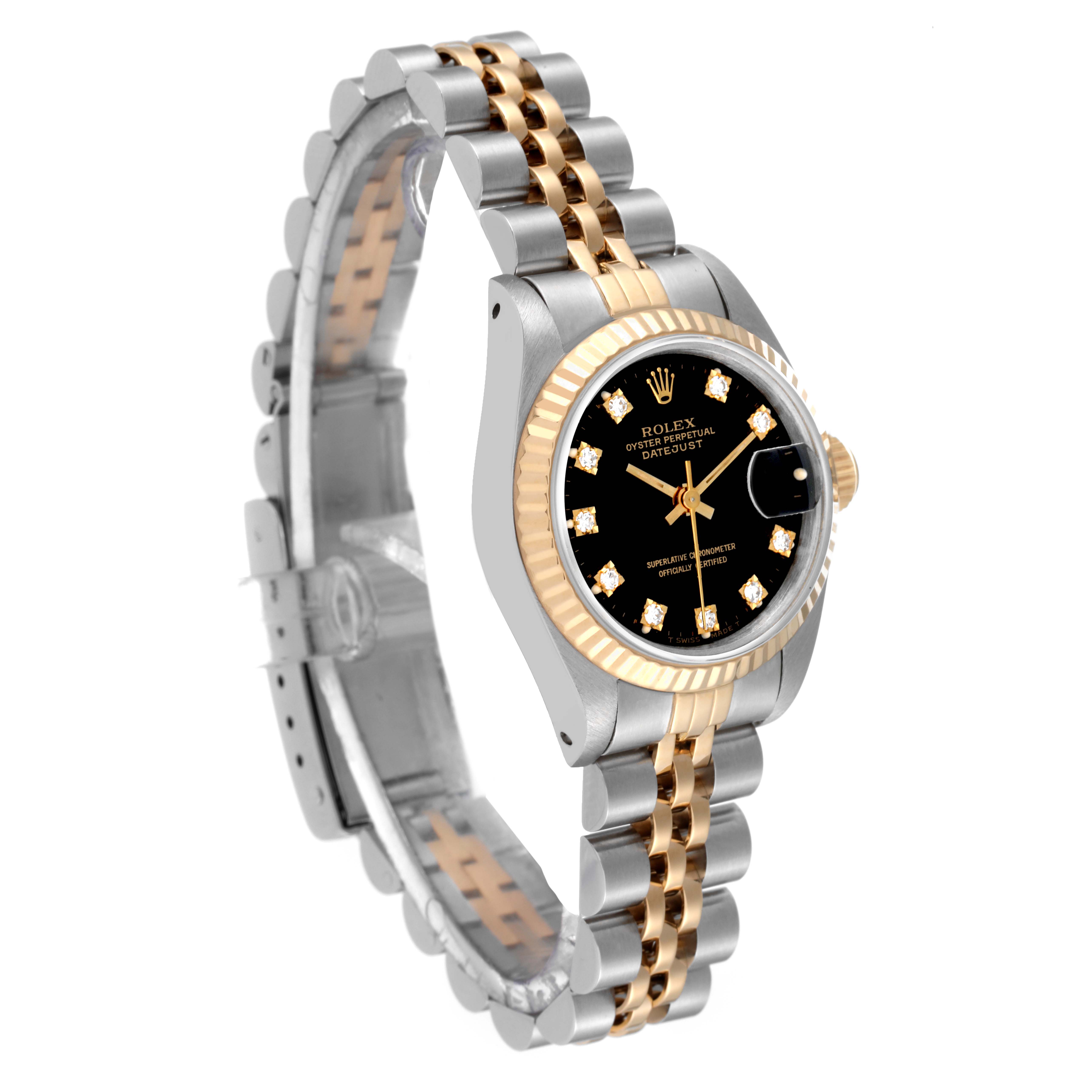 This Rolex Datejust 69173 Women's Steel and Gold (two tone) Black Dial 69173 Women's Steel and Gold (two tone) Black Dial watch is shown at a three-quarter angle, highlighting the face, bezel, and two-tone bracelet.