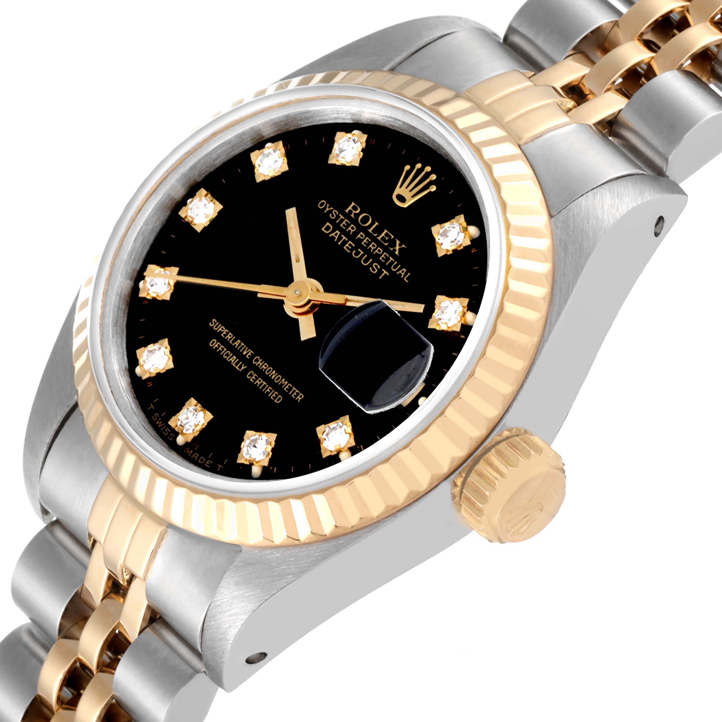 The image shows a partial side and angled view of the Rolex Datejust 69173 Women's Steel and Gold (two tone) Black Dial 69173 Women's Steel and Gold (two tone) Black Dial model, featuring its dial, bezel, crown, and part of the bracelet.
