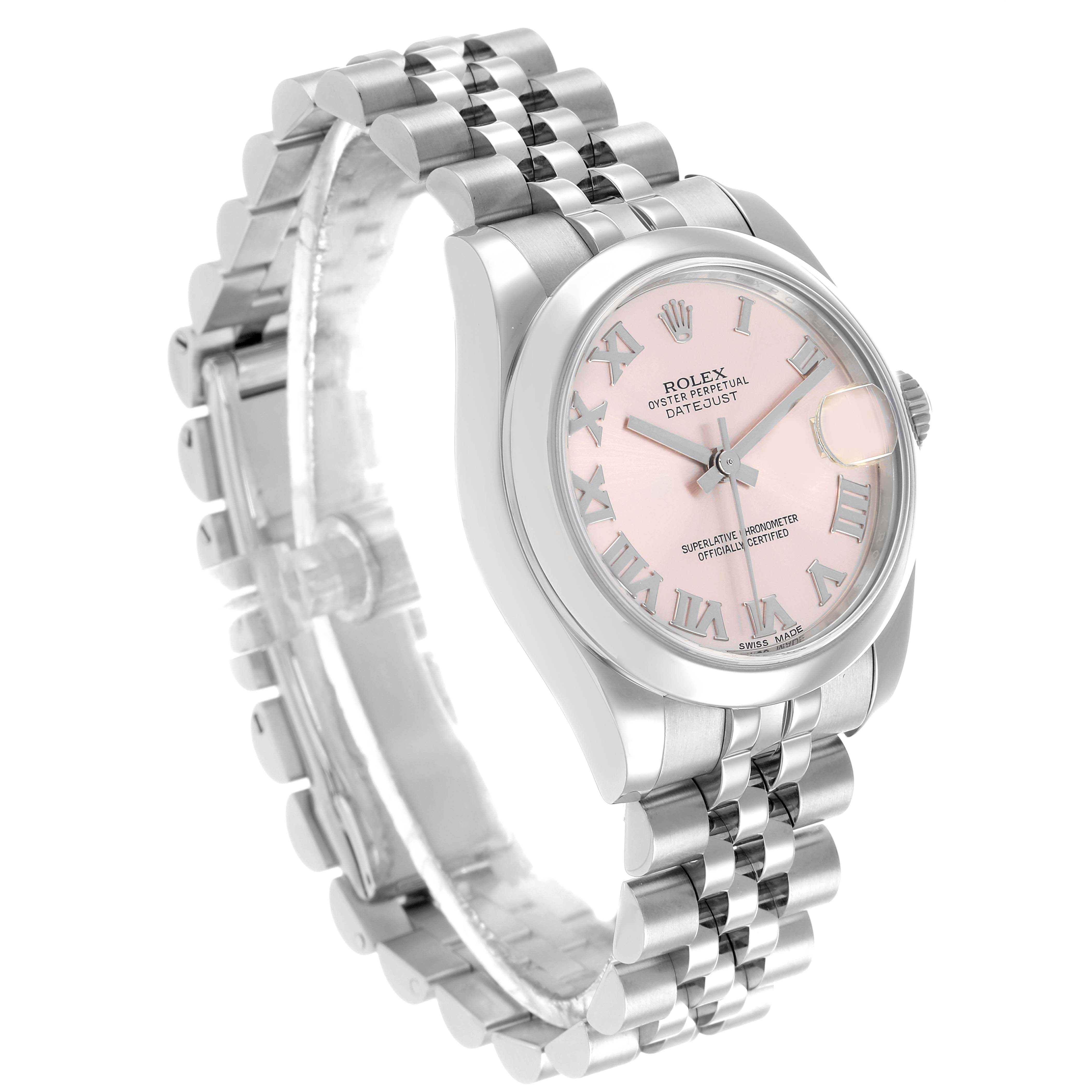 The Rolex Datejust 178240 Women's Stainless Steel Pink Dial watch is shown at an angled side view, highlighting the face, bracelet, and crown.